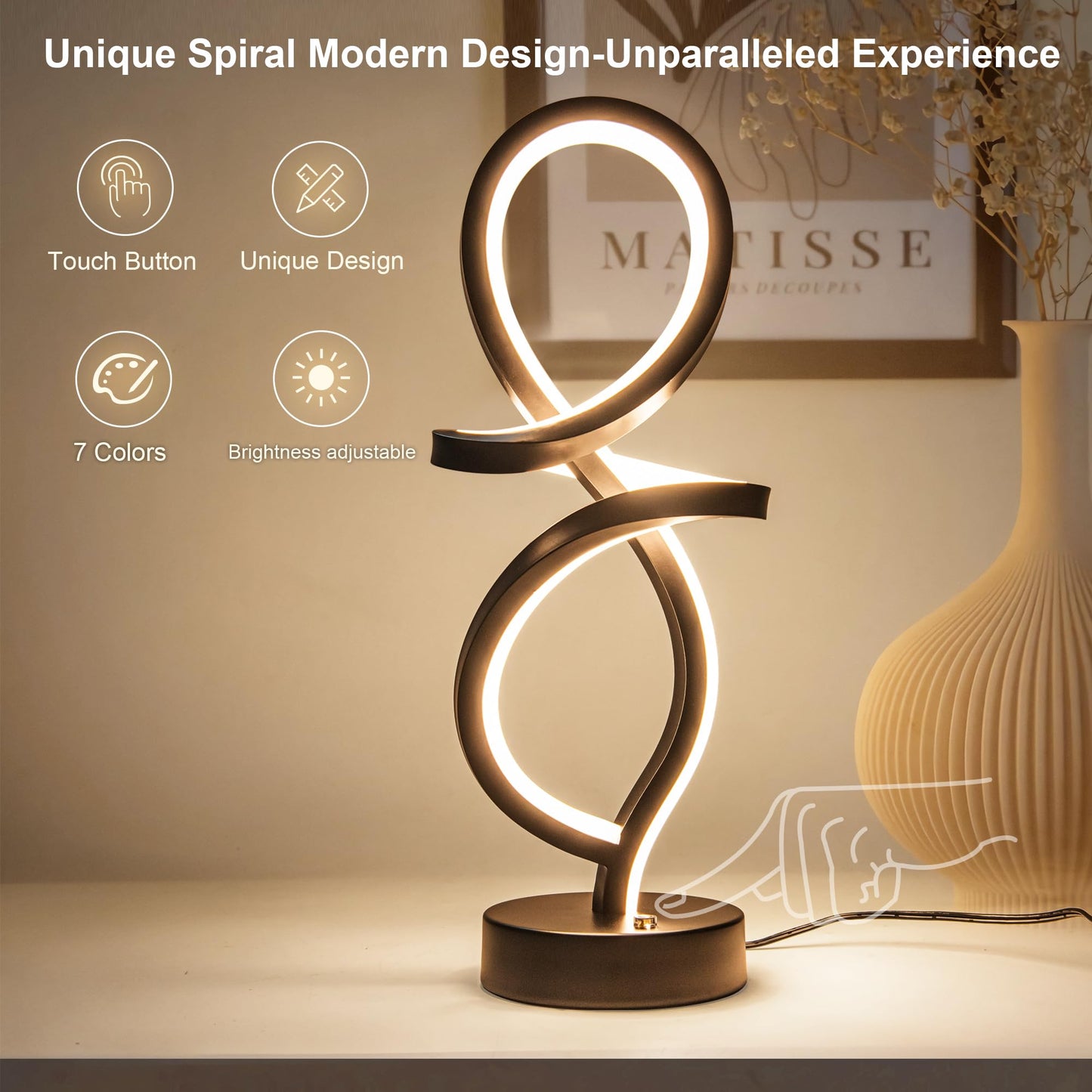 Mayful RGB Modern Table Lamp with 15W LED Spiral Spiral Design, Black Nightstand Lamp & Small Bedside Lamp, Touch Dimmable with 7 Colors & 10 Modes for Bedroom, Living Room, Office