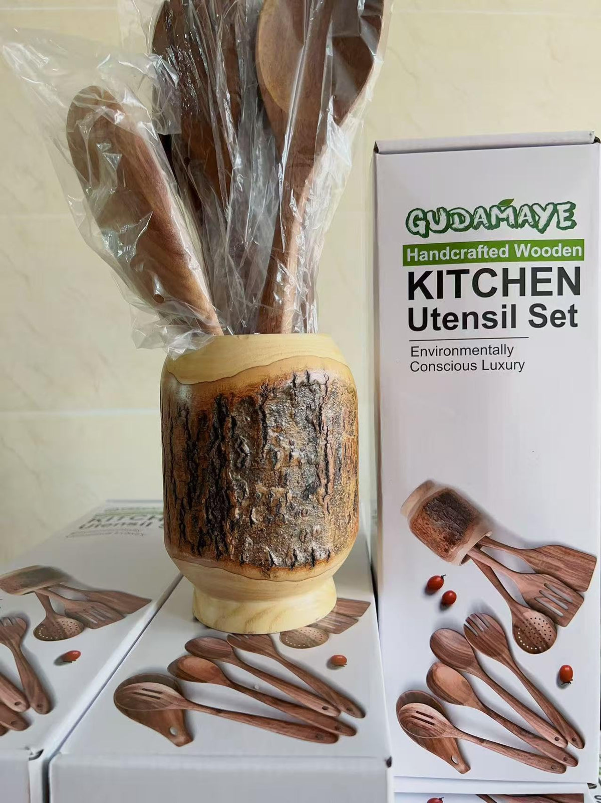Gudamaye 13 inch Long Wooden Spoons for Cooking,Wooden Utensils for Cooking with Utensils Holder,9 PCES Wooden Kitchen Utensils Set with Utensils Holder and Spoon Rest,Natural Teak Wooden Spoons Set