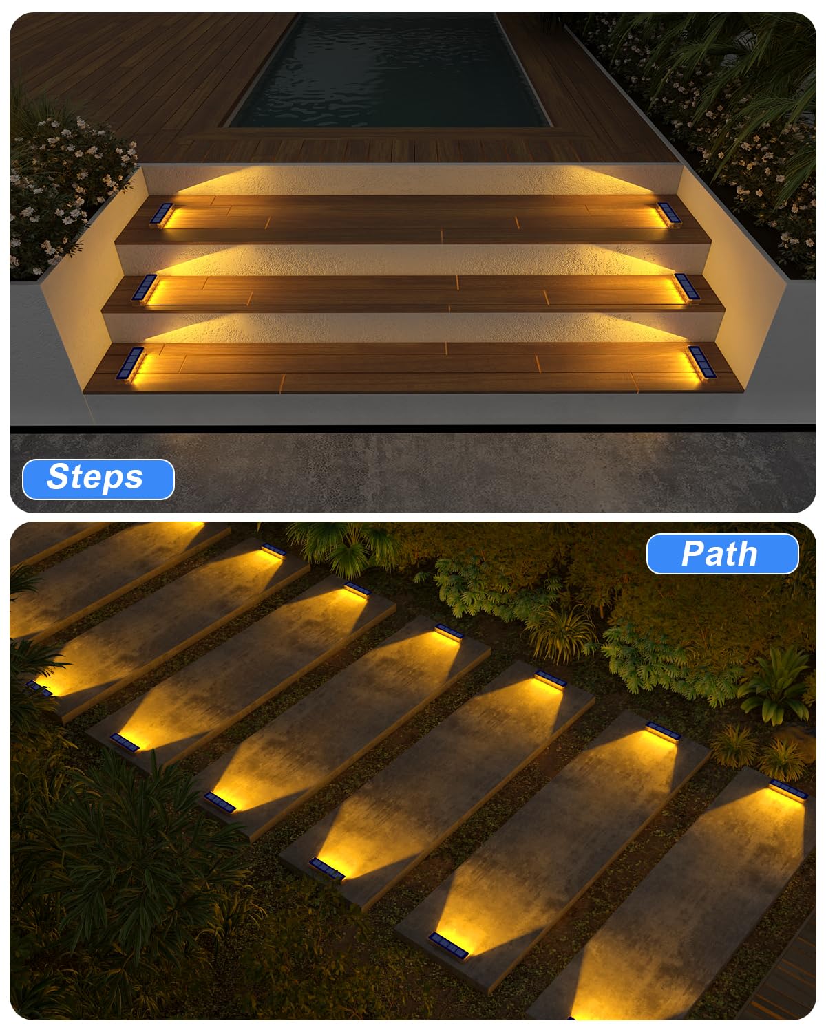 DetarZinLED Solar Lights Outdoor Garden, 4-Pack Waterproof Decking Lights Warm White, 1000mAh Battery & 8-10H Auto Lighting Solar Step Light for Stairs Dock Patio Path Driveway