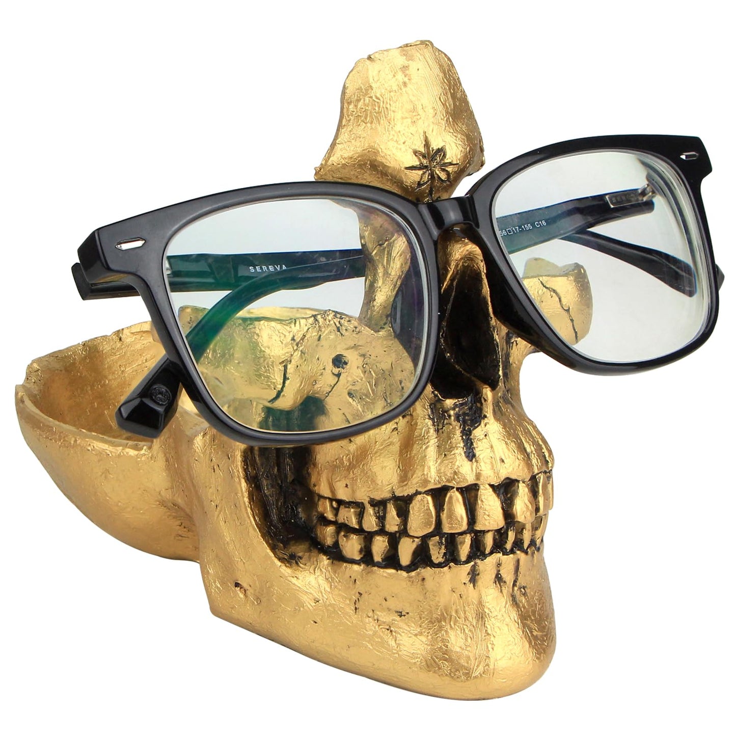 Mrlikale Skull Glasses Stand Holder, Creative Eyeglasses Holder, Sunglasses Spectacle Display Rack, Key Holder Resin Sculptures for Entryway, Home, Office, Desk, Nightstand (Gold)