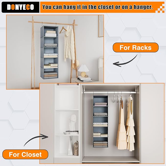 Hanging Closet Organizer 5-Shelf, Easy Mount Foldable Wardrobe Storage Shelves