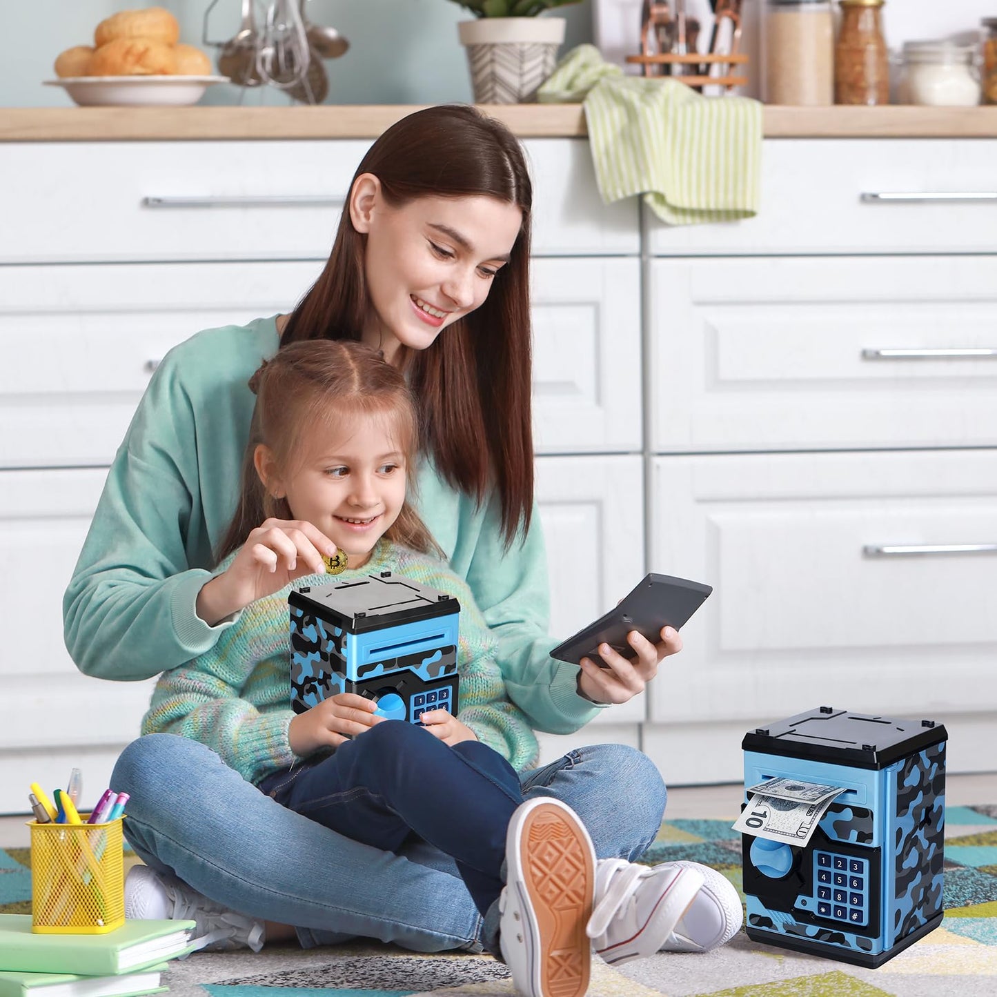 ATM Piggy Bank for Boys Girls, Vcertcpl Mini ATM Coin Bank Money Saving Box with Password, Kids Safe Money Jar for Adults with Auto Grab Bill Slot, Great Gift Toy Bank for Kids (Camouflage BlueGray)