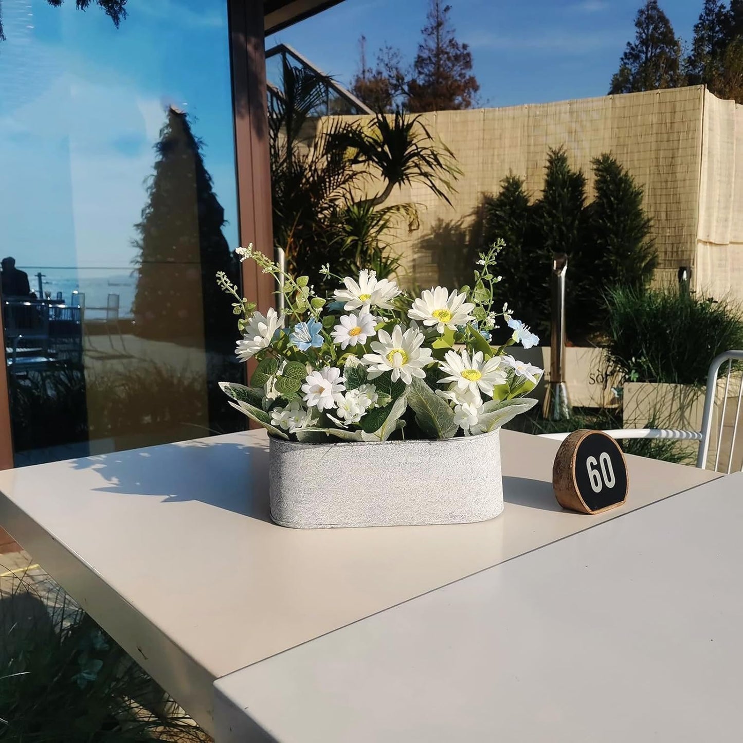 ZKIEIRE Floral Centerpieces for Tables, 12 Inch Small Artificial Flowers in Metal Pot with White Daisy Arrangement, Farmhouse Fake Potted Faux Plant for Spring Summer All Season Indoor Outdoor Decor