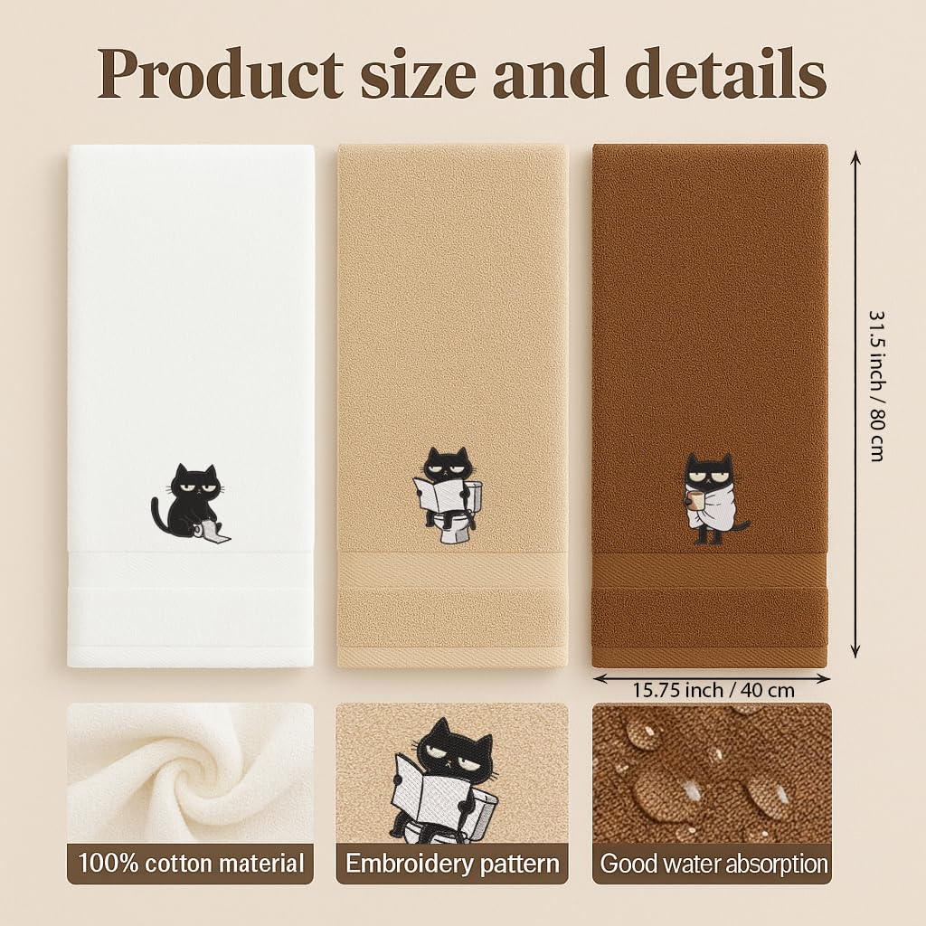 3Pcs 100% Cotton Soft Absorbent Embroidered Hand Towels, Black Cat Decorative Towels for Bathroom and Kitchen, Funny Cat Hand Towels Bathroom Decor, Cat Lover Gifts for Women, 15.75 x 31.5 Inches