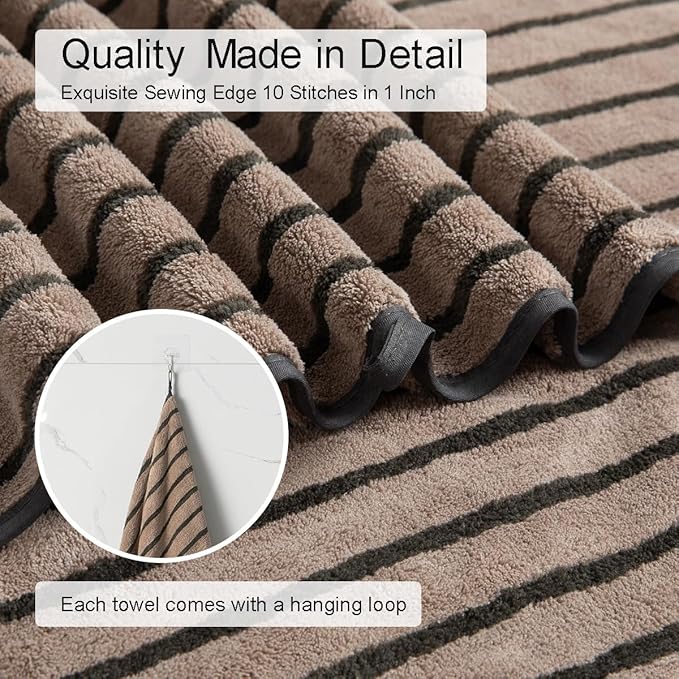 8 Pcs Polyester Brown Cabana Stripe Large Bath Towel Set-2 Bathroom Towels