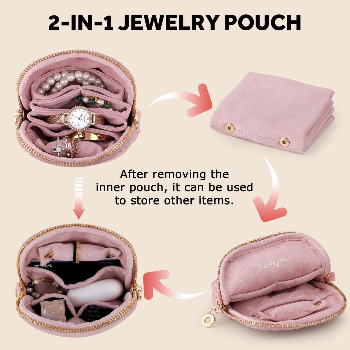 Lumayina Velvet Travel Jewelry Pouch, 2-in-1 Clamshell Case with Detachable Insert, Portable Travel Jewelry Organizer with Wrist Strap, Converts to Mini Coin Purse, Gift for Women & Girls (Dusty Pink)
