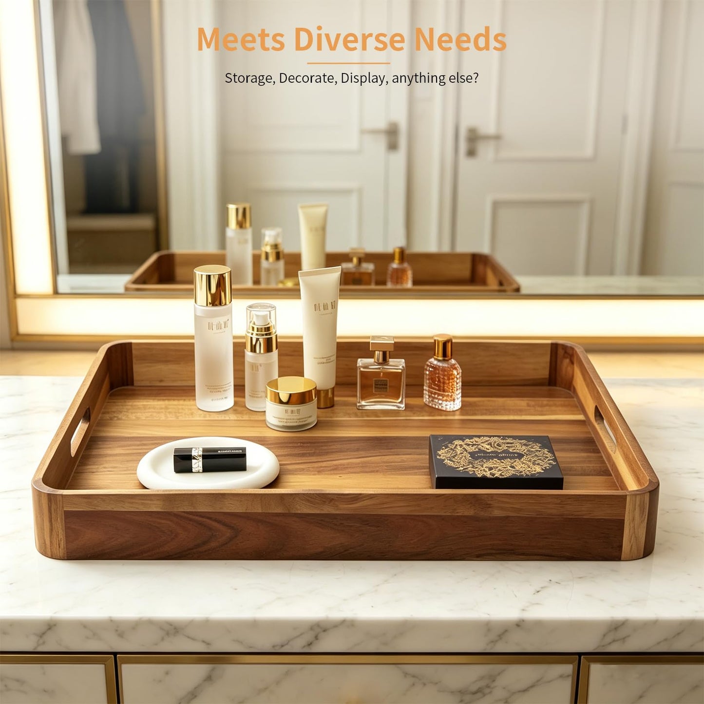 Wooden Serving Tray with Handles,Rustic Ottoman Tray for Kitchen Counter/Coffee Table/Living Room Decor,Versatile Tray for Party Wood ServingTray for Dinner/Breakfast/Snack Entertaining Guests