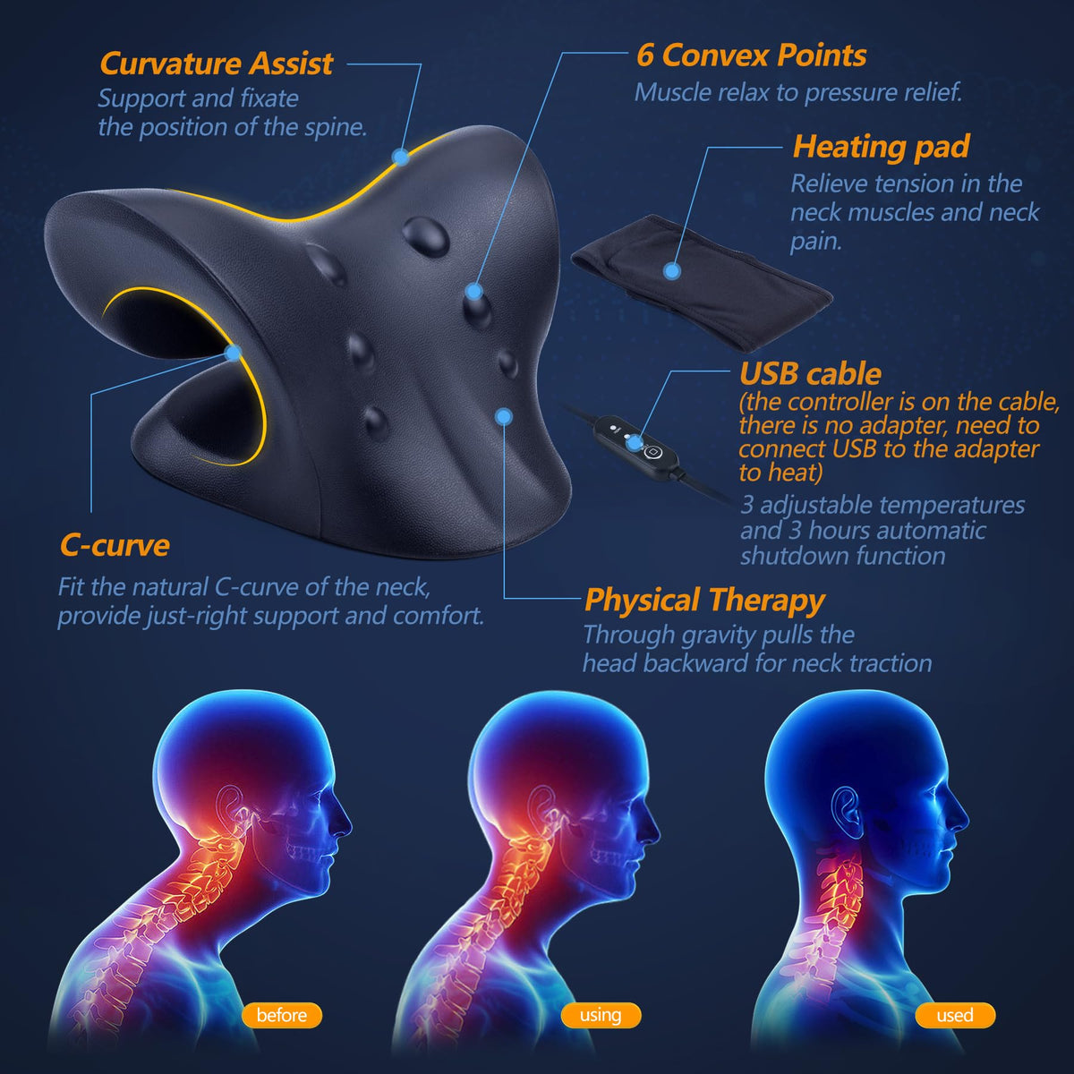 Cozyhealth Neck Stretcher for Neck Pain Relief, Heated Cervical Traction Device Pillow with Graphene Heating Pad, Neck and Shoulder Relaxer for TMJ Pain Relief and Cervical Spine Alignment (Black)