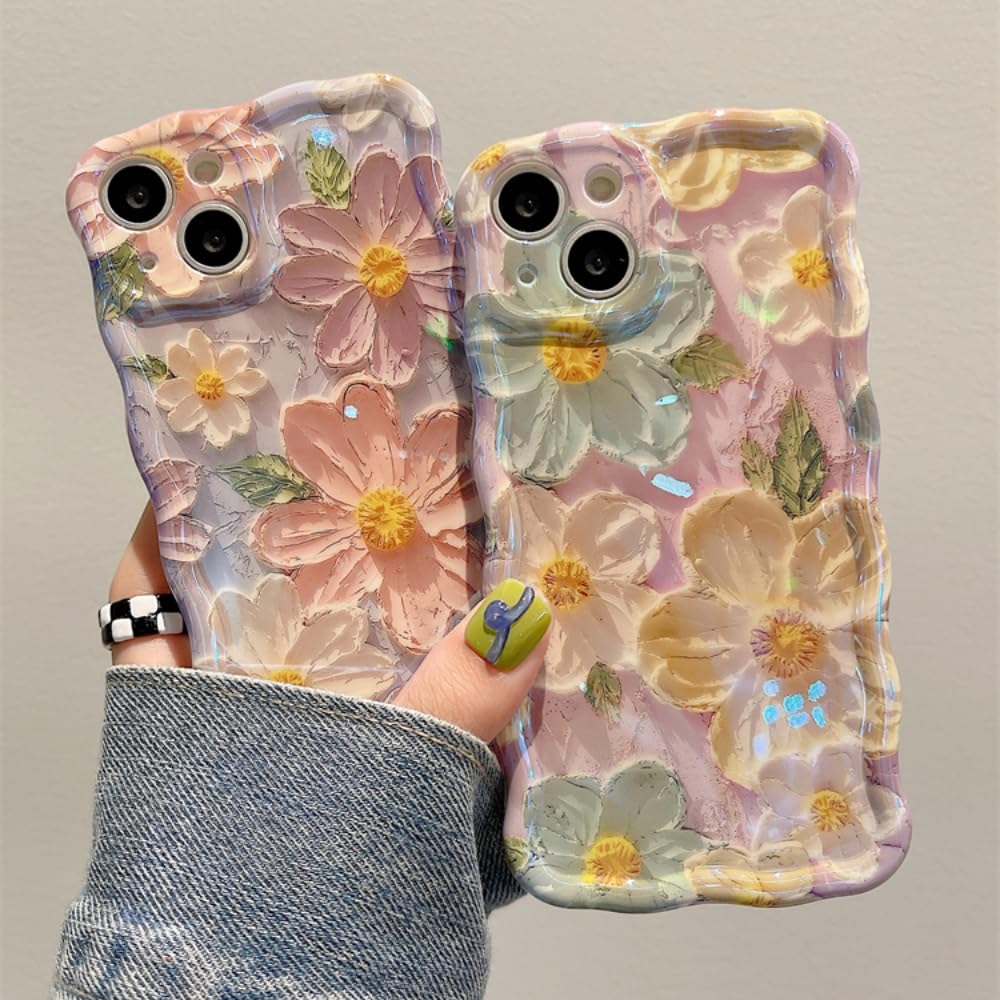 UEEBAI Flower Case for iPhone 17 Case, Colorful Retro Oil Painting Girly Phone Cover Pretty Glossy Pattern Wave Cover Cute Sparkly Floral Curly Shell for Women and Girl, Pink Purple