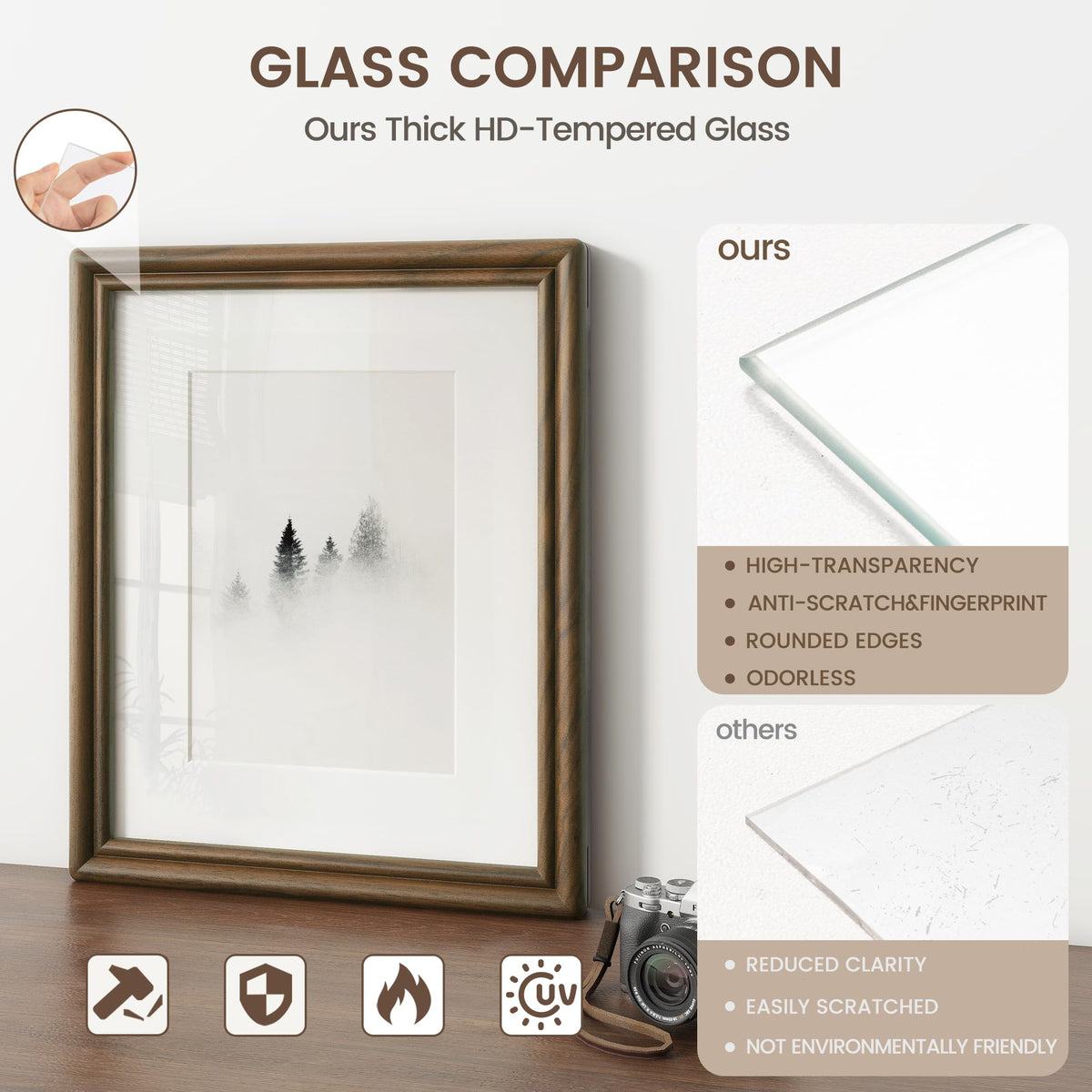 11x14 Picture Frame, USA-Sourced Natural Solid Walnut Wood Photo Collage Frame with HD Tempered Glass, Rounded Corner 11 x 14 Wooden Frame Matted to 8x10, Vertical & Horizontal Wall Hanging Display