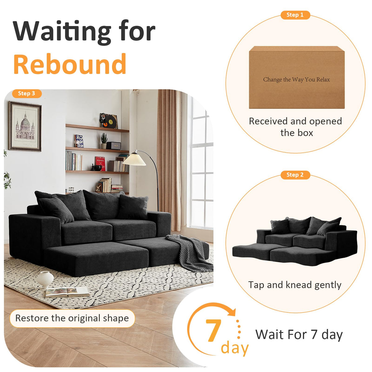 Modular Sectional Loveaeat Cloud Sofa, Boneless Couch with Non Slip Base, Cozy Sleeper Sofa for Customizable Living Spaces, Modern Modular Couch with L-Shape Chaise, Deep Seat & No Assembly, Black