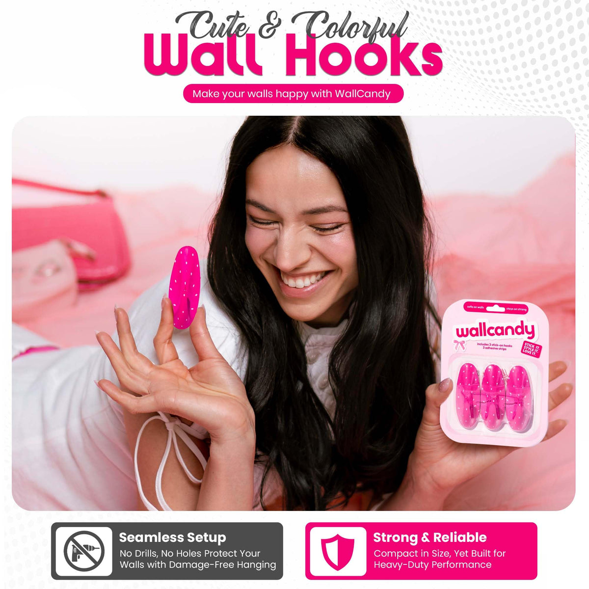 WallCandy Adhesive Wall Hanging Hooks | Pack of 3 Pink Polka Dot Wall Hooks with Heavy Duty Sticky Strips that Hold Up to 3lbs, Easy to Install Hanging Hook for Painted Walls & Kitchen