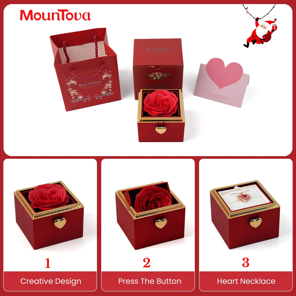 mountova Valentine’s Day Gift for Her Preserved Rose Surprise Box with Heart Necklace, Luxury Flip Jewelry Box, Romantic Gift for Girlfriend or Wife, Anniversary & Proposal (red)