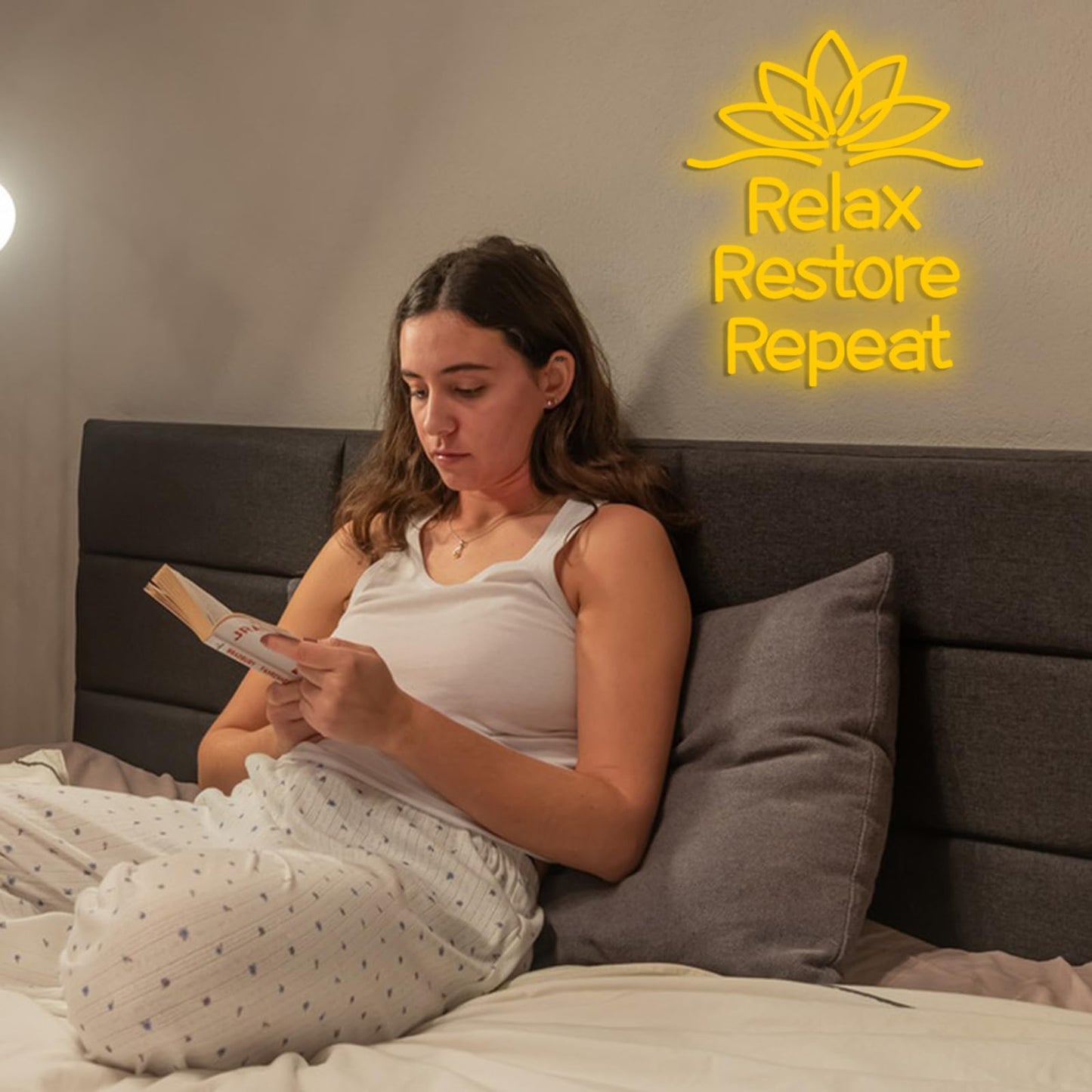 Relax Restore Repeat Neon Sign for Wall Decor Lotus Flower LED Neon Light Dimmable Relax Light Sign for Spa Gym Living Room Yoga Studio