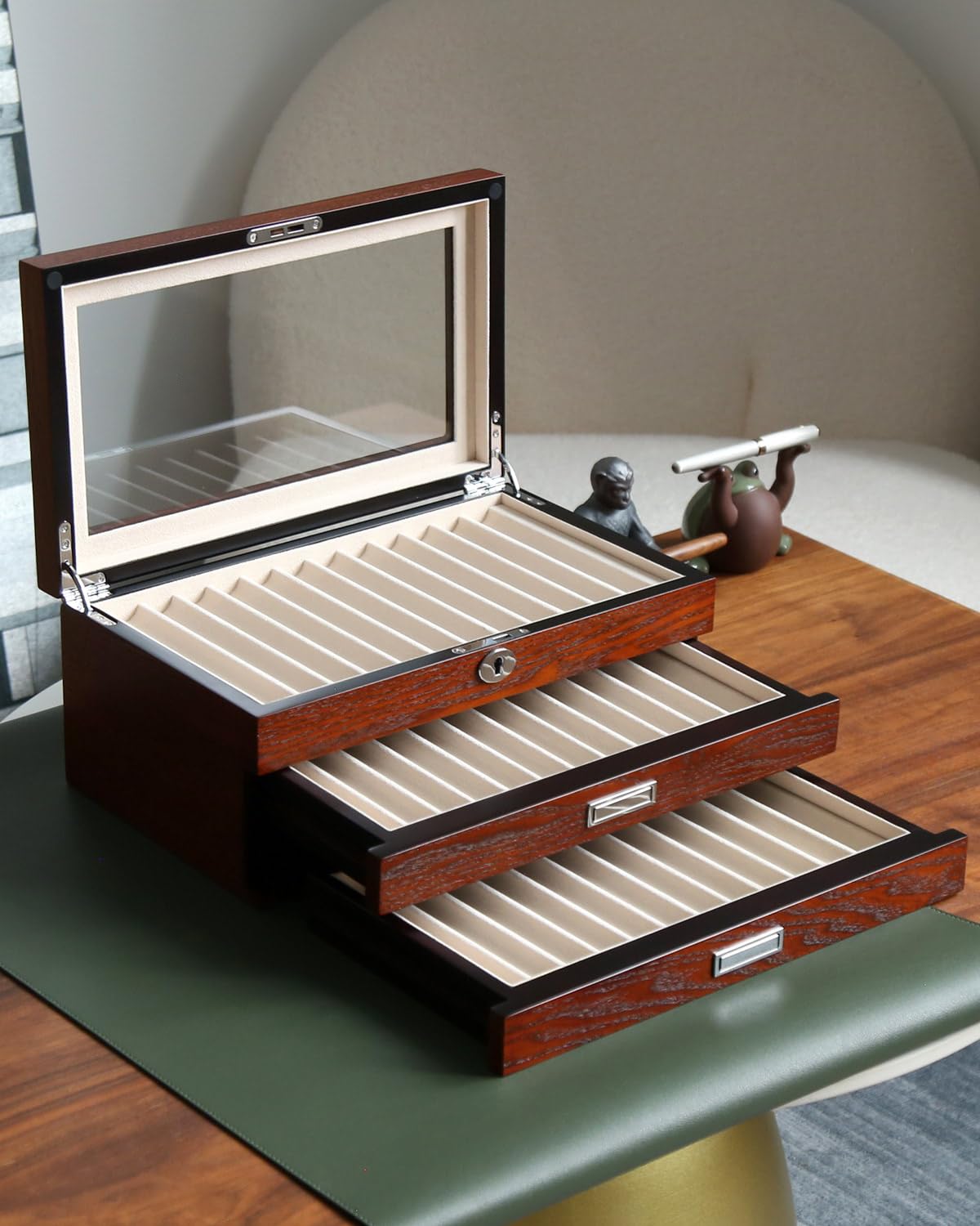 Bonaking Pen Display Case with 36 Pen Slots, Fountain Pen Case, Wood Pen Storage Organizer, Pen Box Display for Men Gift, Pen Collector with Glass Window(Brown ash Veneer Finish, Creamy-White Velvet)
