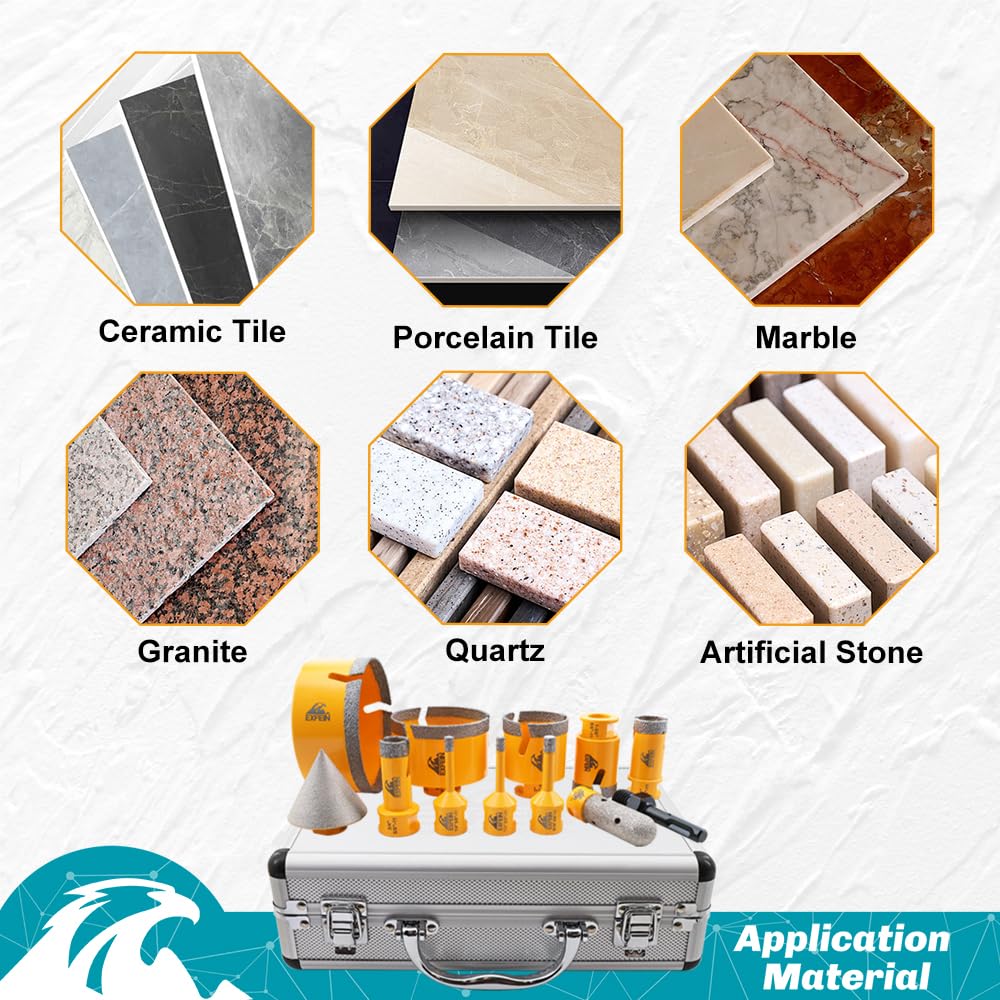 EXFEIN Diamond Tile Hole Saw Kit 14pcs 6/6/8/19/25/35/50/75/102mm Drill Bits & Adapter with 4/5" Finger Bit and 2" Chamfer Bit and 2pcs 4.5 Inch Diamond Blade for Tile Porcelain Ceramic Marble Granite