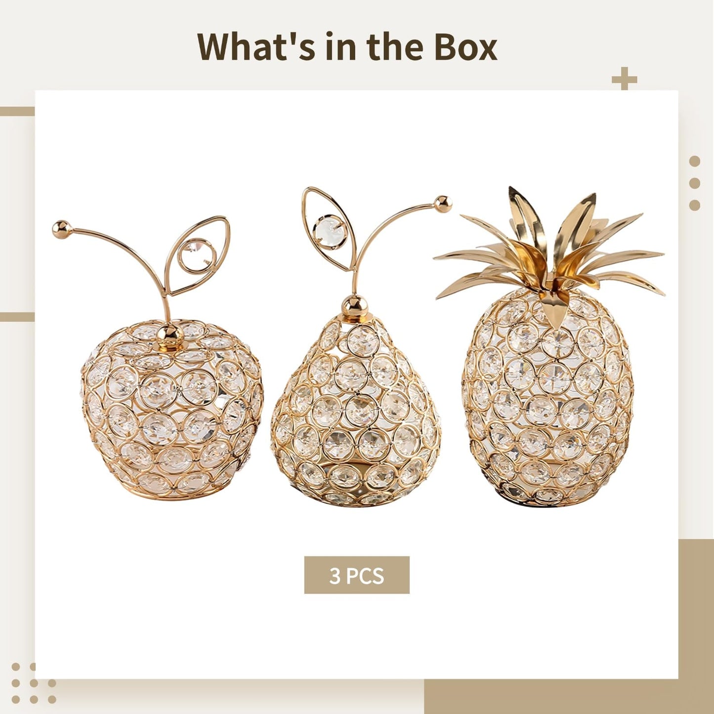 3 Pcs Golden Crystal Hollow Candlestick, Metal Crystal Table Centerpiece, Including Pineapple Pear Apple, Decorative Candlestick, Ideal for Wedding, Party, Anniversary and Home Decor