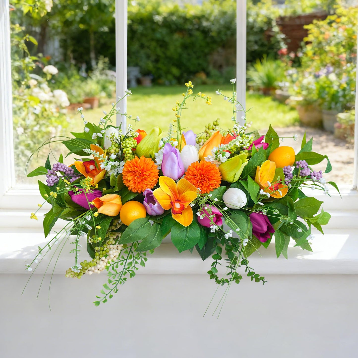 Artificial Tulip & Dahlia Table Centerpiece Lifelike Faux Flowers with Decorative Lemons & Greenery, Spring & Summer Tabletop Decor for Dining Room, Kitchen Island, Coffee Table, Weddings & Home