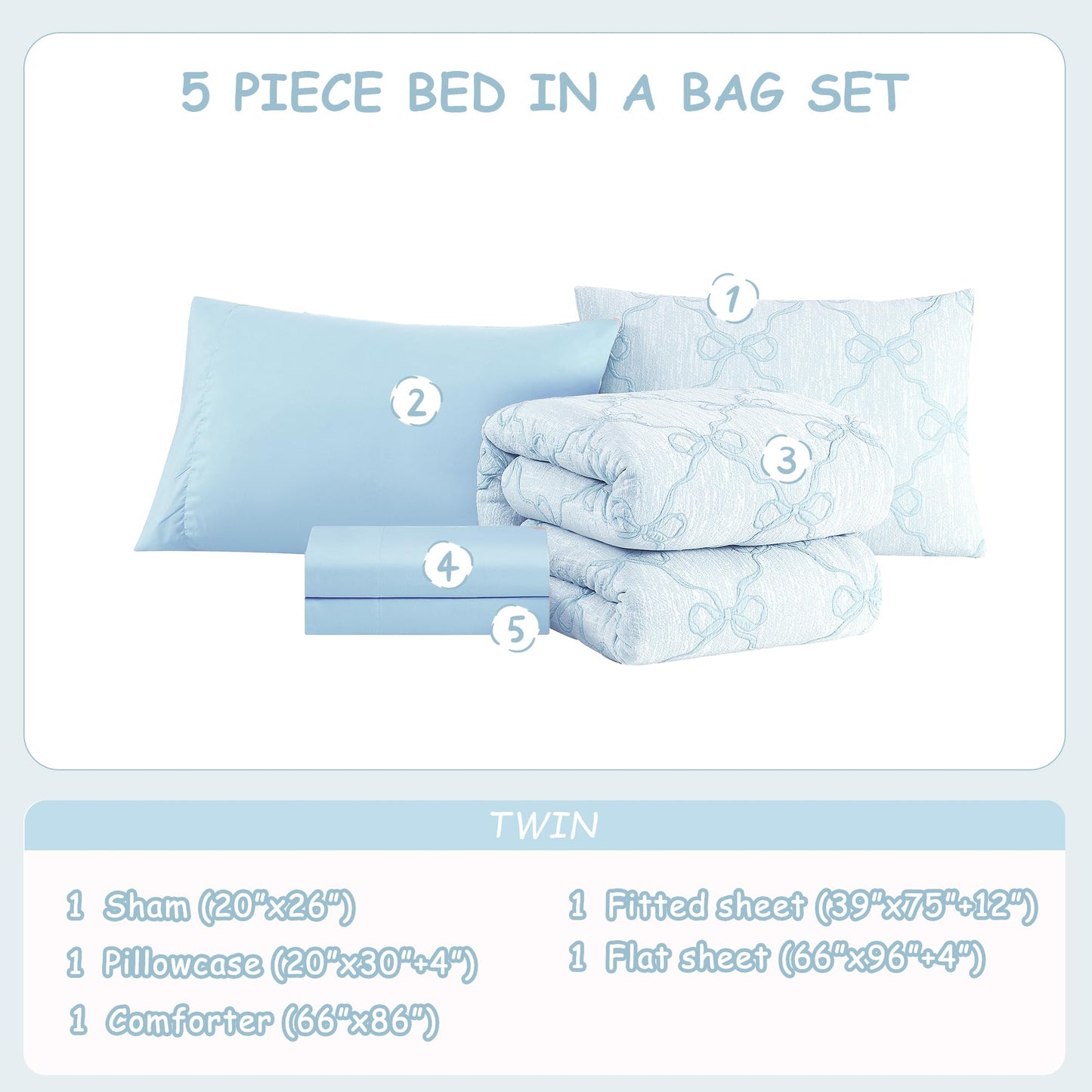 Wink Deer Twin Comforter Set with Sheets for Girls-5 Pieces Twin Bedding Sets with Light Blue Comforter, Sheets, Pillowcase & Sham for Kids (Light Blue Diamond, 66" X 86")