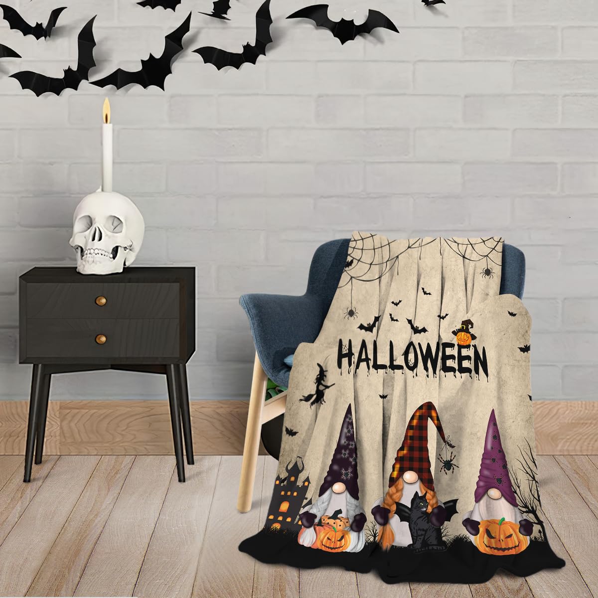 Halloween Gnome Blanket Flannel Fleece Throw Blankets Halloween Bats Black Cat Blanket Lightweight Cozy Warm Fuzzy Plush Soft Blankets for Couch Bed Sofa 50X60 Inches
