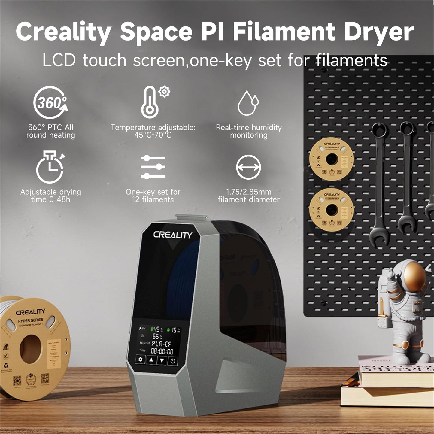 Creality Official Space PI Filament Dryer, 3D Printer Filament Dryer Box with 360° Heating, Upgraded Filament Dehydrator Storage Box Support PLA ABS PETG TPU 1KG 1.75/2.85mm