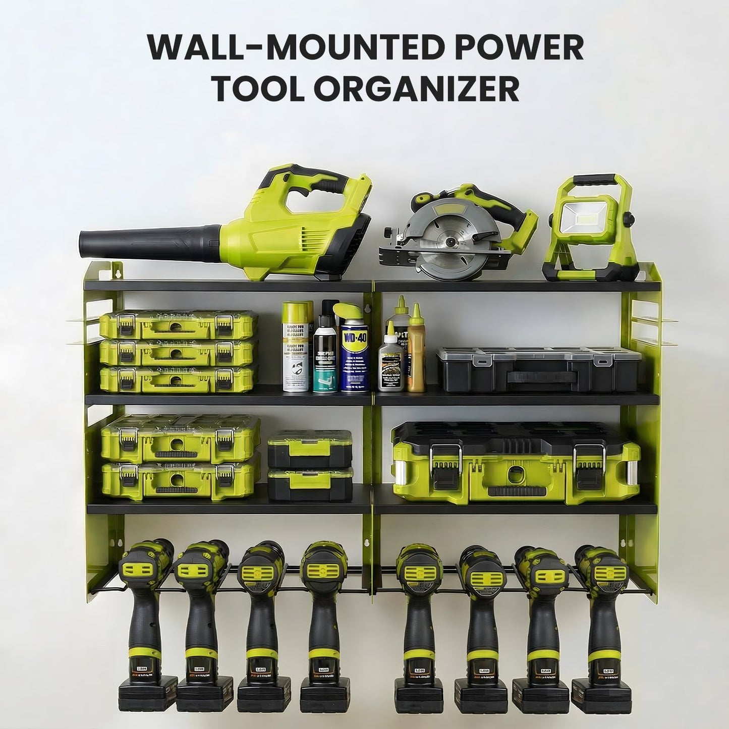 TimberAura 4-Tier Heavy Duty Power Tool Organizer, 600lbs Capacity Reinforced Steel Drill Rack with Side Accessory Mounting Studs, High-Visibility Wall Mount Storage, Fluorescent Green