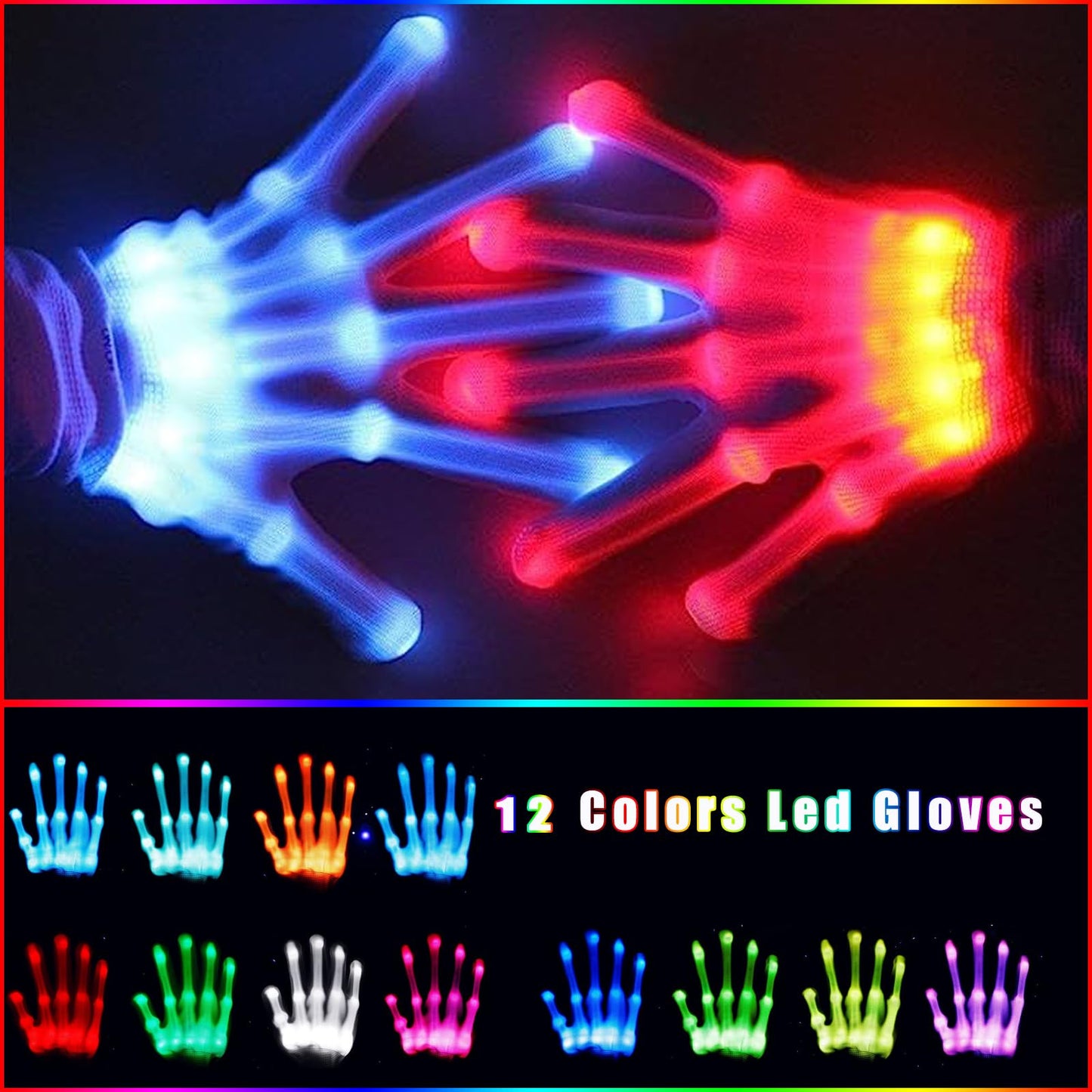 COTRUERE 12 Color Led Light up Gloves Cool Finger Flashing Toys Gifts for Halloween Christmas Easter Birthday Parties(only 1 pair)