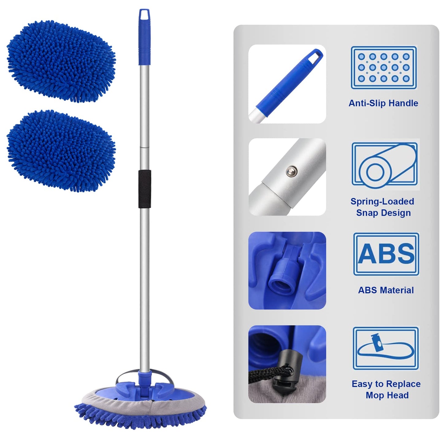 Car Wash Brush 160cm 63'' Car Cleaning Brush Long Handle, Microfibre Extendable Car Wash Mop Mitt Suitable for Washing Cars, SUV, Truck, Caravans and Household (2 x Mop Head), Blue