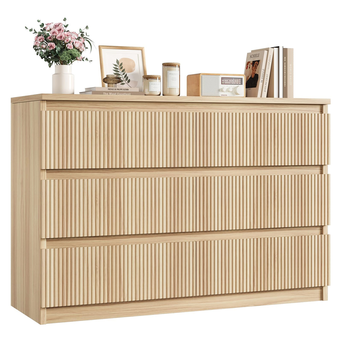 Jocoevol 6 Drawer Fluted Dresser, Modern Chest of Drawers for Bedroom with Hidden Handles, Wood Storage Organizer Cabinet for Living Room & Entryway, Natural Oak (15.7" D x 47.3" W x 31.6" H)
