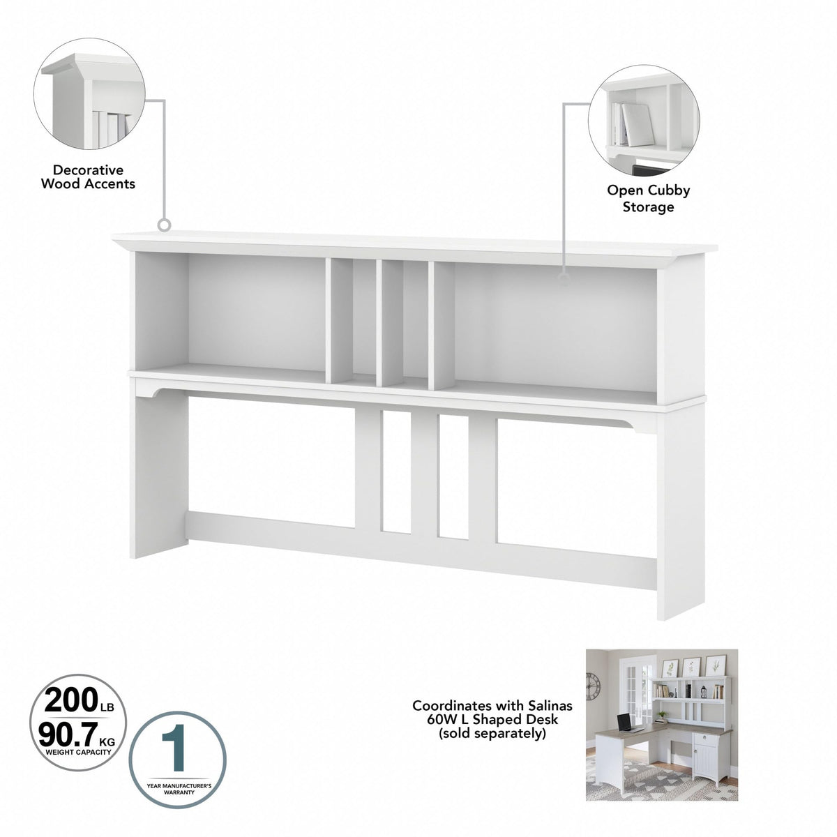 Bush Home Salinas L-Shaped Desk with Hutch | Study Table with Drawers and Cabinets in Pure White and Shiplap Gray | Home Office Computer Desk | Work Desk with Storage