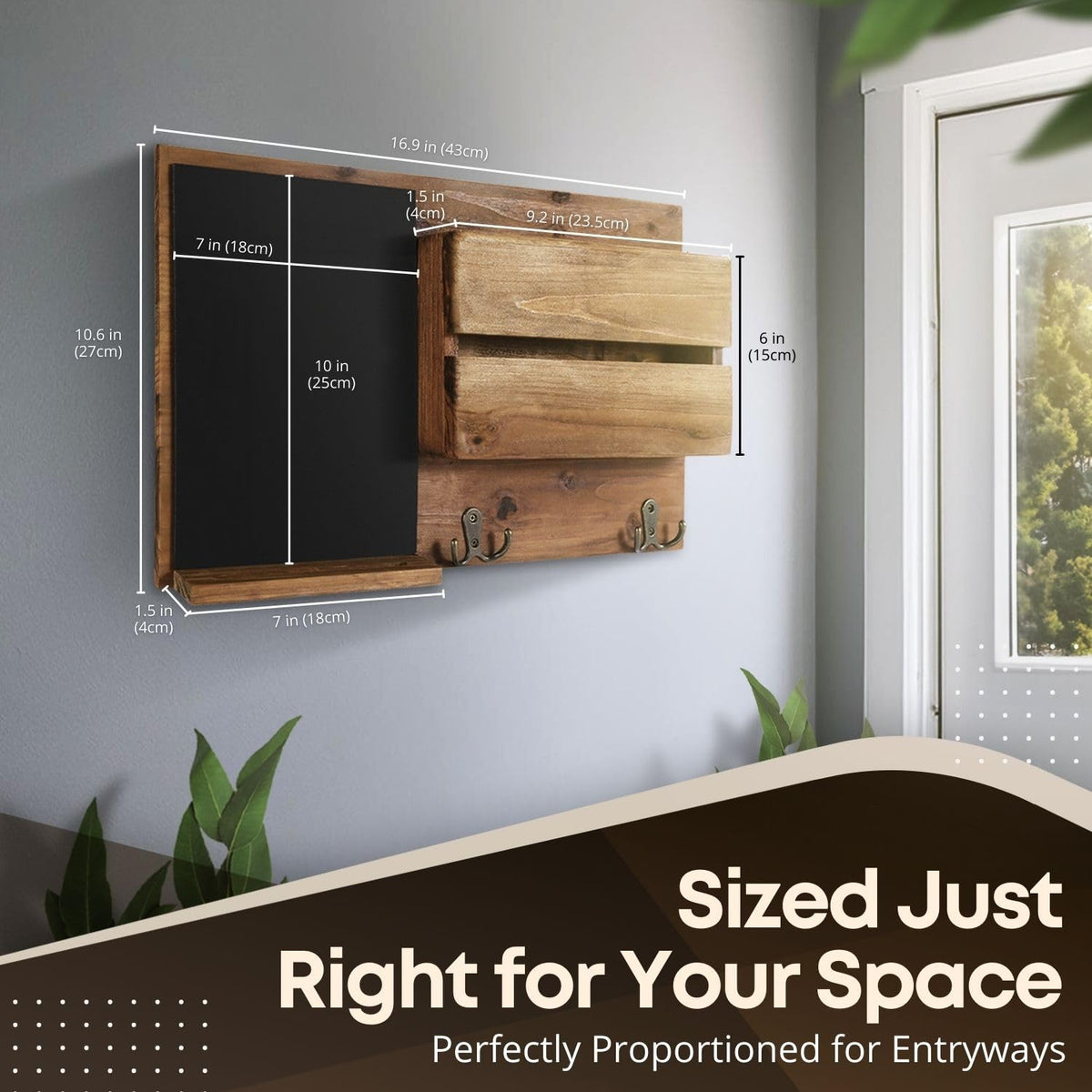 Flexzion Rustic Wood Entryway Mail Sorter Holder, Wall Mount Mudroom Storage Organizer with Blackboard Chalkboard Memo Board Message Sign & Key Hook Rack/f Front Door Furniture Accessory Home Office