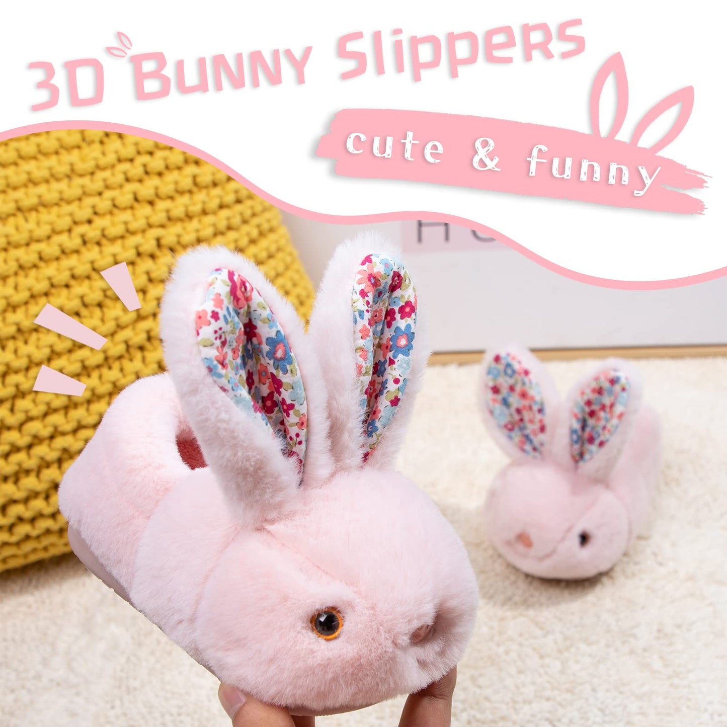 Hitopteu Kids Bunny Slippers - Cute Plush Winter Warm House Shoes Anti-Slip Rabbit Slippers for Toddler Boys & Girls Pink A 6-7 UK 24-25 EU 170