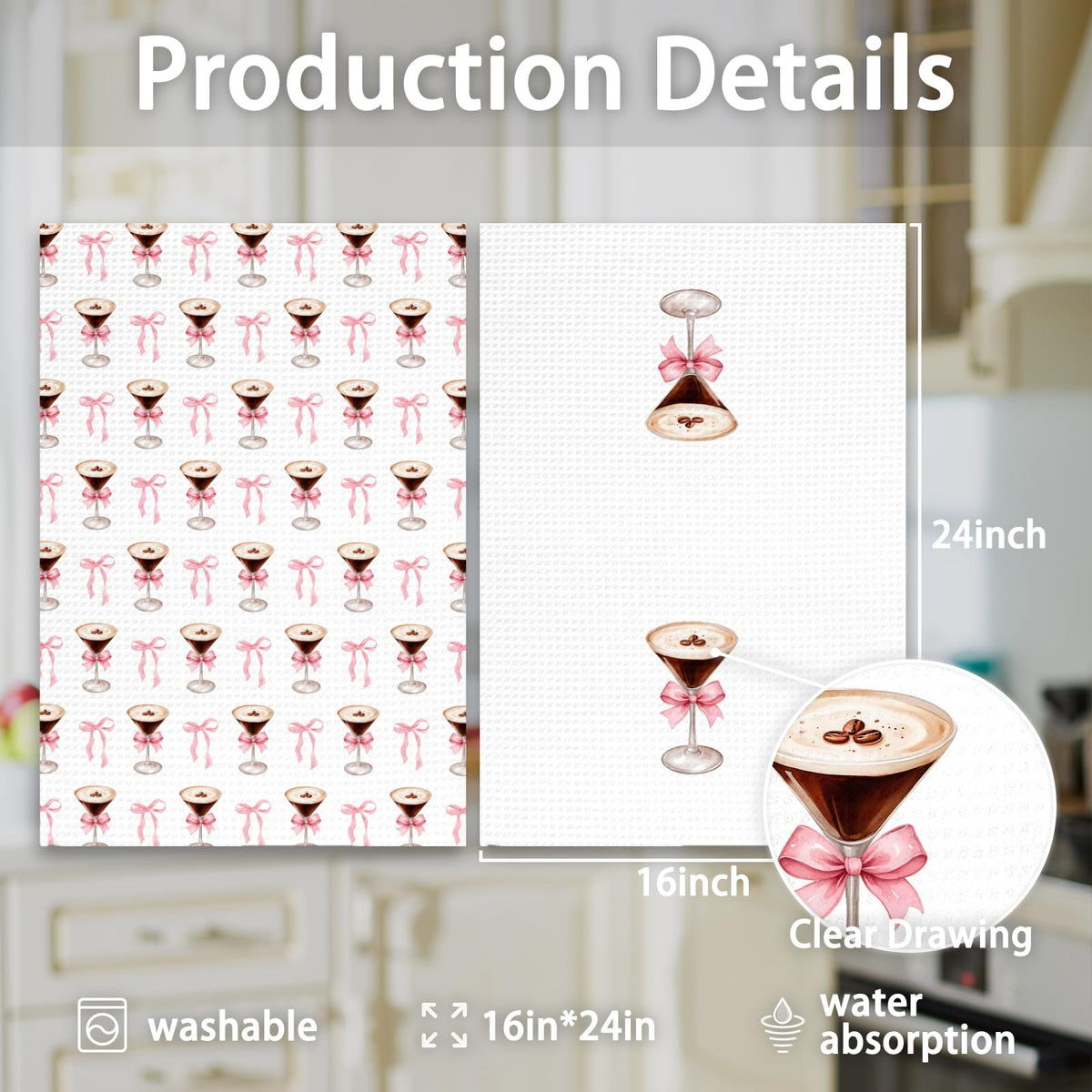 OINDADE Espresso Martini Decor Kitchen Towels Set of 2 - Coquette Bow Espresso Martini Gifts Hand Towel, Pink Bow EspressoMartini Dish Tea Towels for Kitchen Home Bar Cart Decor, 16x24In