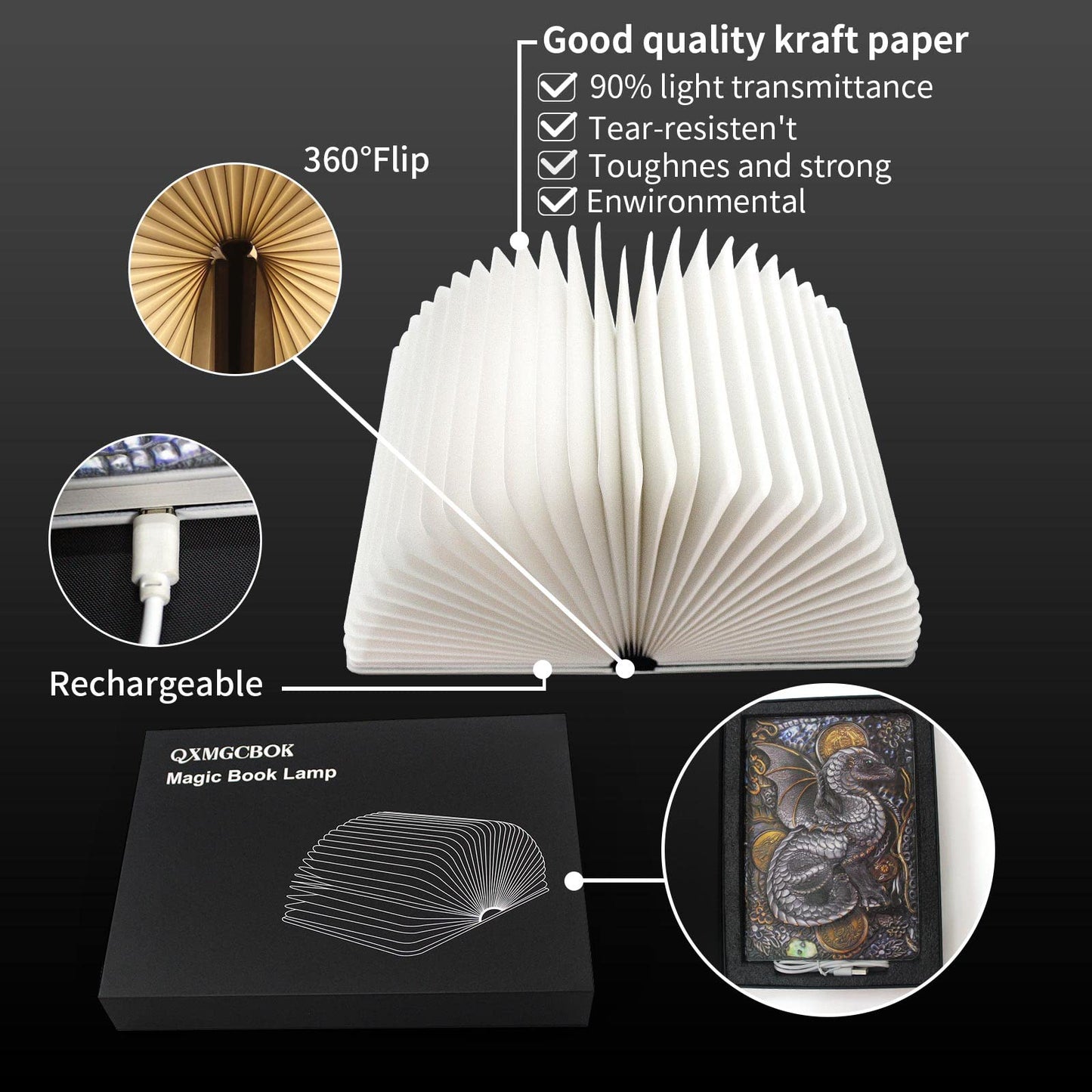 QXMGCBOK Novelty 3D Dragon Embossed Magic Book Lamp,Personalized Night Light,Sleep aid Machine,Sound Machine for Sleeping, Unique Gifts