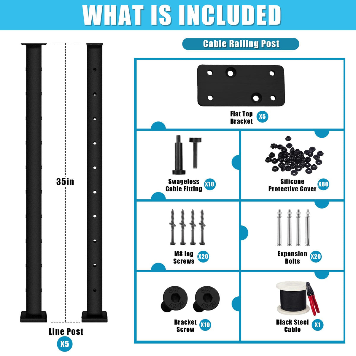 Senmit 36" Cable Railing Post Kit,Including 5 Black Railing Posts,250ft Cable, 10 Sets Terminal, 80 Cable Grommets(No Handrail)