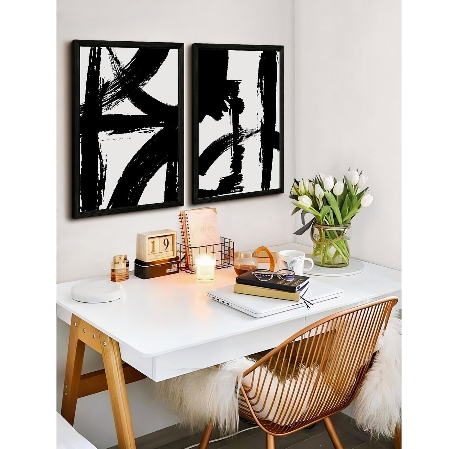 Black and White Wall Art Abstract Modern Painting Minimalist Line Canvas Wall Art Decor Black And White Poster Abstract Artwork Prints for Living Room Bedroom 16x24 Inch Wood Framed Set of 2