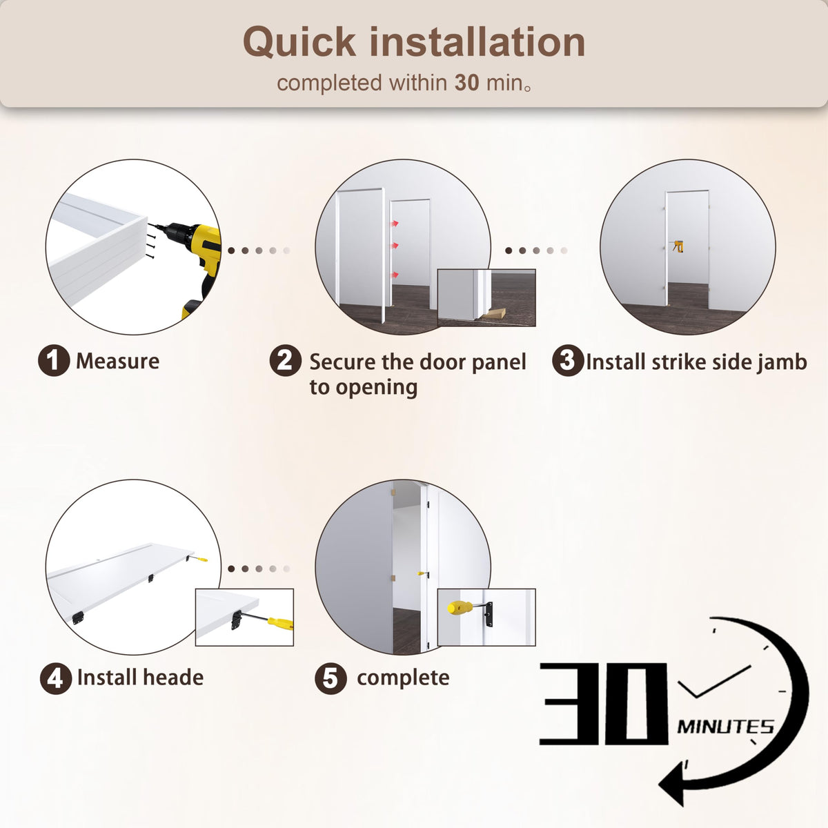 JUBEST 30"x80" Right-Hand Prehung Interior Door with Knock Down Jamb Kit & Matte Black Hinges, 1-Panel White Primed Hollow Core Molded Door Slab with Bore & Hinge Cutout, Durable & Sturdy, No Handle