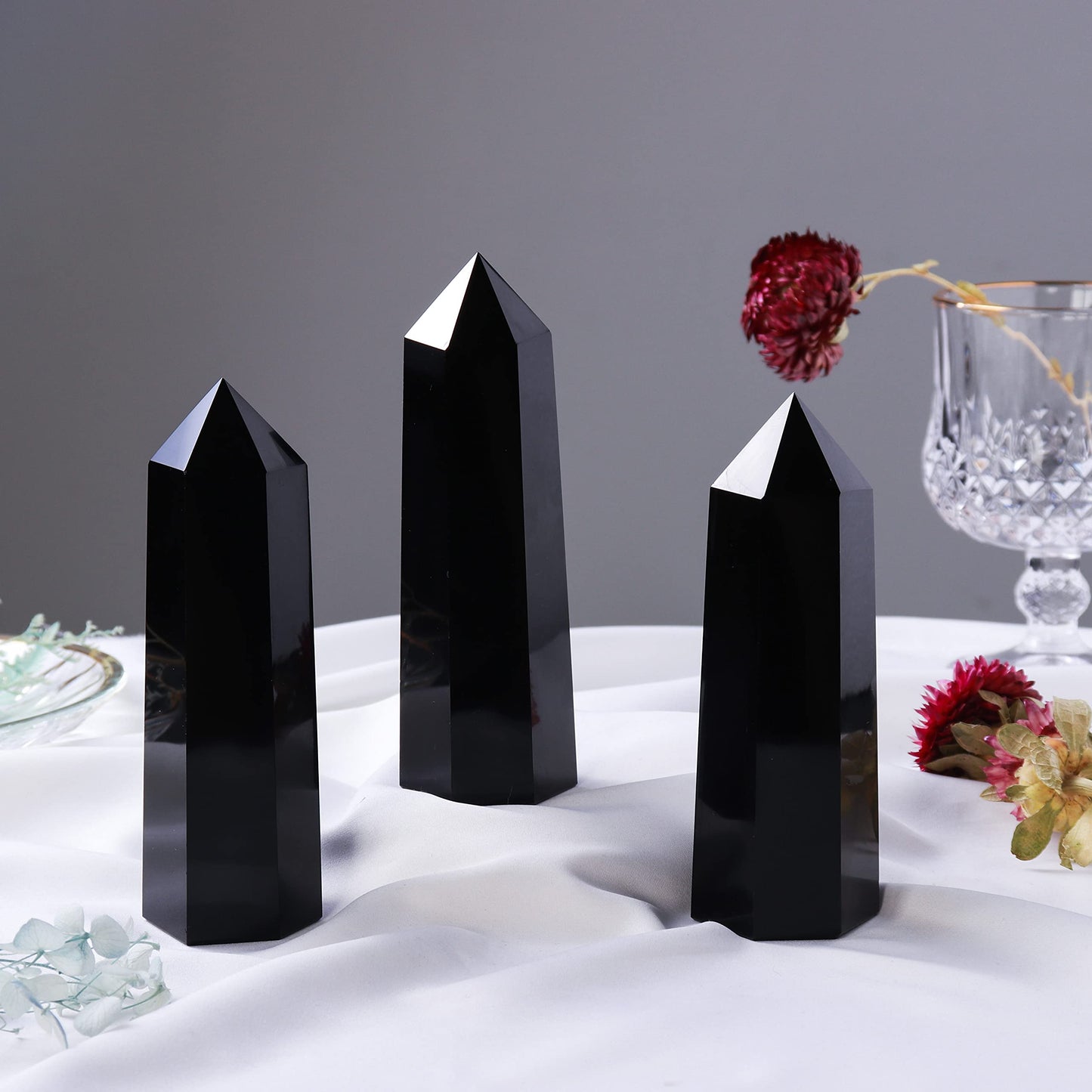 Runyangshi Large Black Obsidian Healing Crystal Wand 4.72"-5" Crystal Tower 6 Faceted Single Point Crystal Prism Wand Natural Quartz Stones for Meditation Reiki Chakra Therapy Home Decor Gift
