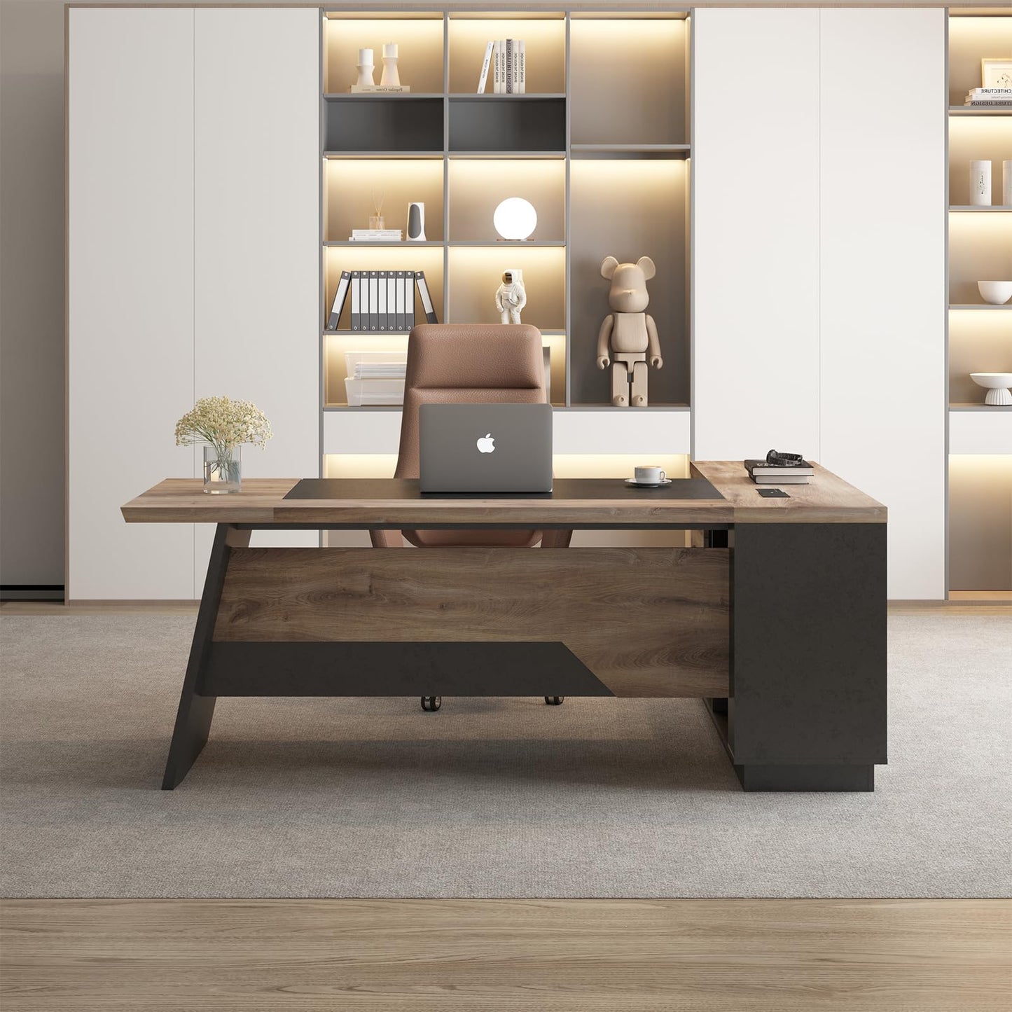 GT BLACK TURNSTONE Office Desk with Drawers, 78.74 Inches L-Shape Executive Desk, Industrial Wood Desk with Storage Shelves, Modern Computer Desk for Home Office, Black and Wood, Right