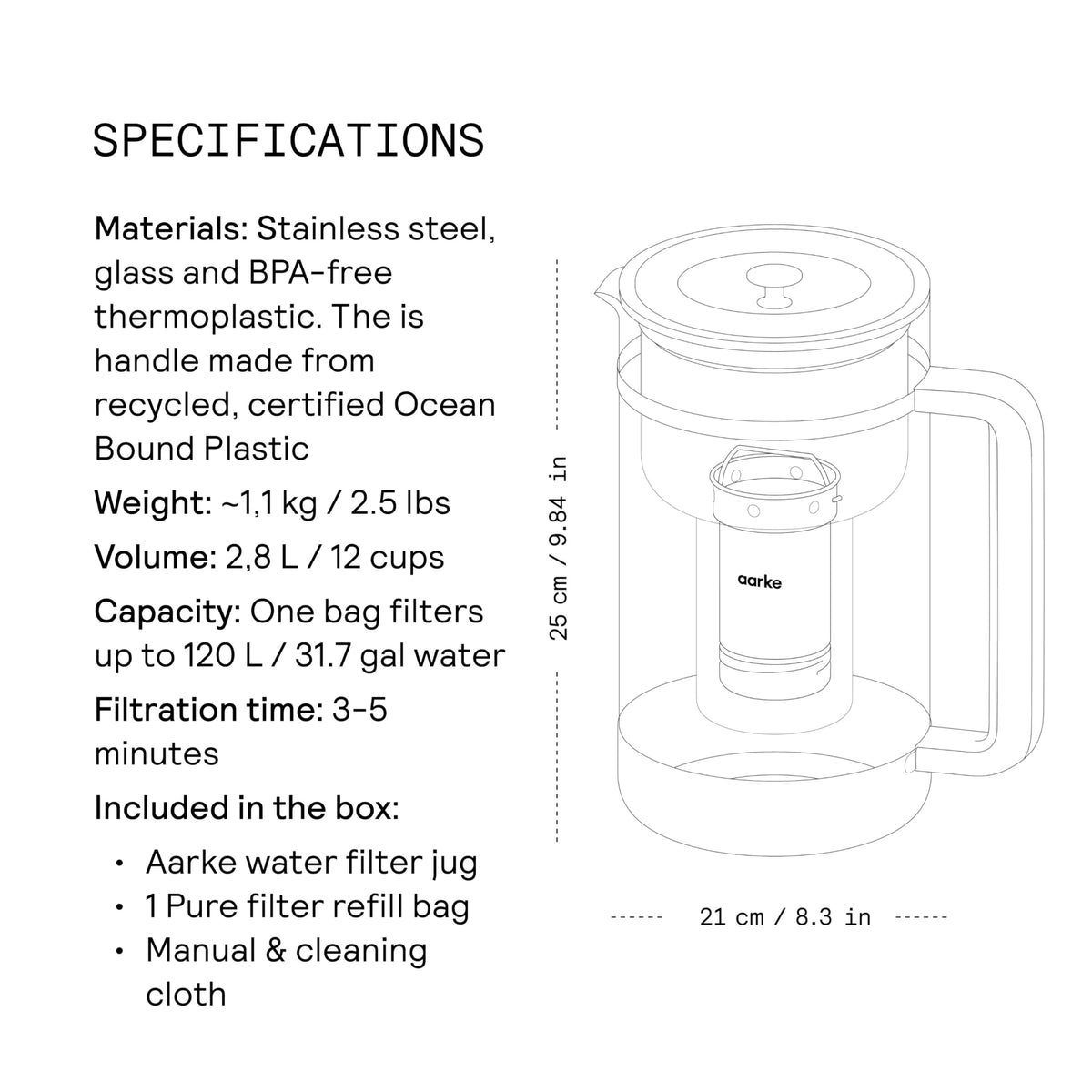 Aarke Purifier - Premium Glass and Stainless Steel Water Filter Pitcher, Refillable Filter System and Granules, 2.8L Pitcher with 1.66L Filtration Capacity