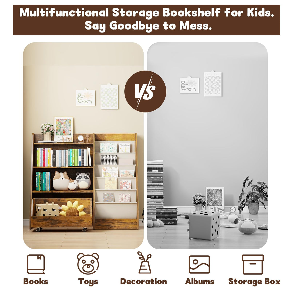 COZPAW Kids Bookshelf and Toy Storage, 4 Tier Toddler Bookshelf with Movable Drawer (Brown)