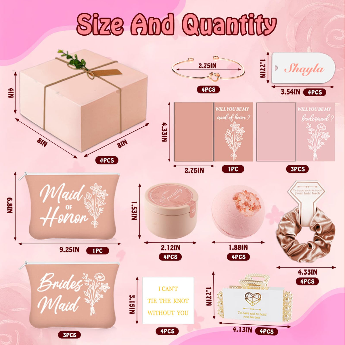 49pcs Bridesmaid Gifts Set Of 4 Pink, Maid of Honor Proposal Box Gift,Scented Candle Salt Ball Makeup Bag Rectangular Hair Clip Bridesmaids Scrunchies Knot Bracelet Bridal Shower Wedding Party