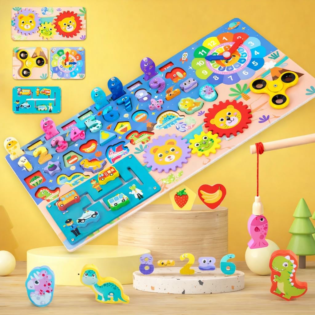 Funiso Montessori Wooden Busy Board Toys for 3+ Boys & Girls, Educational Learning Toy, Number Puzzle Board with Counting, Shapes & Magnetic Fishing Game, Preschool Toy Gift for Toddlers Kids.