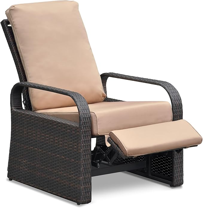 ATR ART TO REAL Outdoor Recliner, Outdoor Wicker Recliner Chair with 5.12'' Cushions, Automatic Adjustable Patio Chaise Lounge Chairs, Aluminum Frame. UV Protected and Rustless (Khaki)