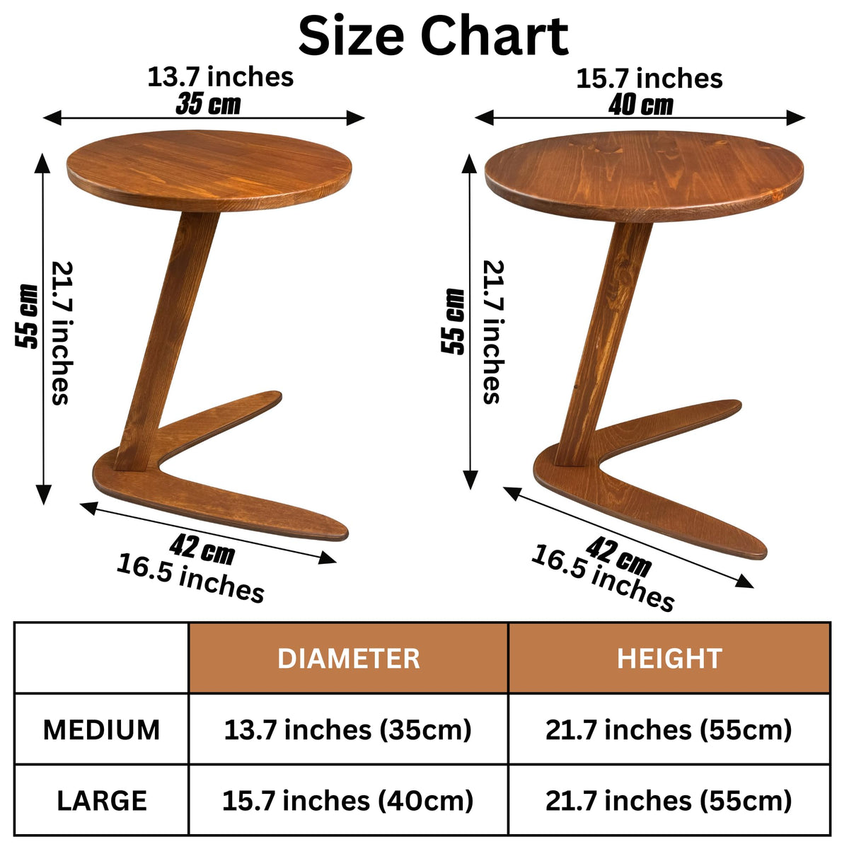 GENESIS WOODESIGN C-Shaped Handmade Solid Wood End Table, Side Table for Couches, Sofa Tables Slide Under Couch for Living Room, Over Couch TV Tray Table for Small Spaces (Medium, Chestnut)
