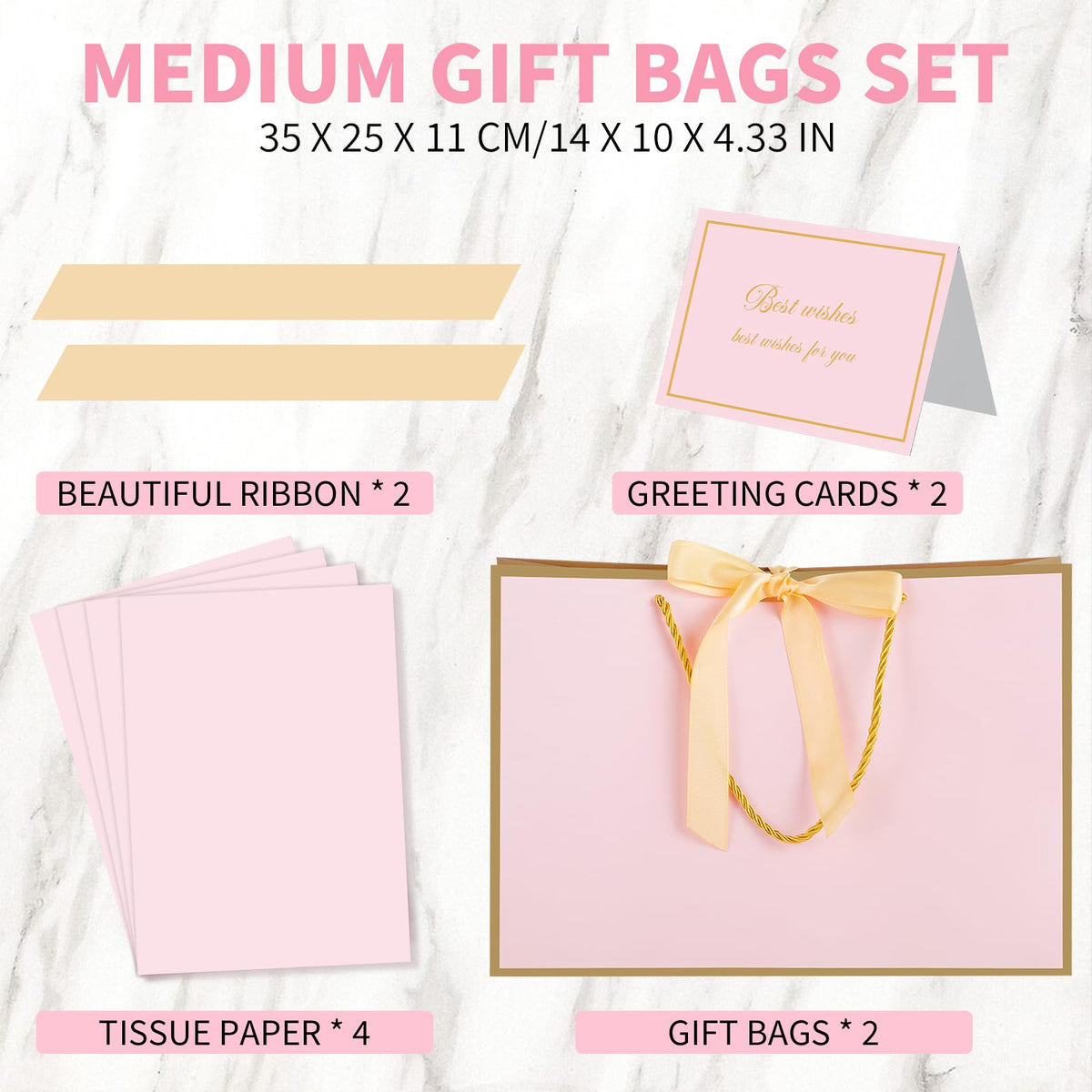 woric Pink Gift Bags with Handles, 14" Medium Gift Bags with Tissue Paper, 2 Pcs Pink Bags with 4 Tissue Paper and 2 Cards for Baby Shower Wedding Bridal Shower Mother's Day Birthday Party