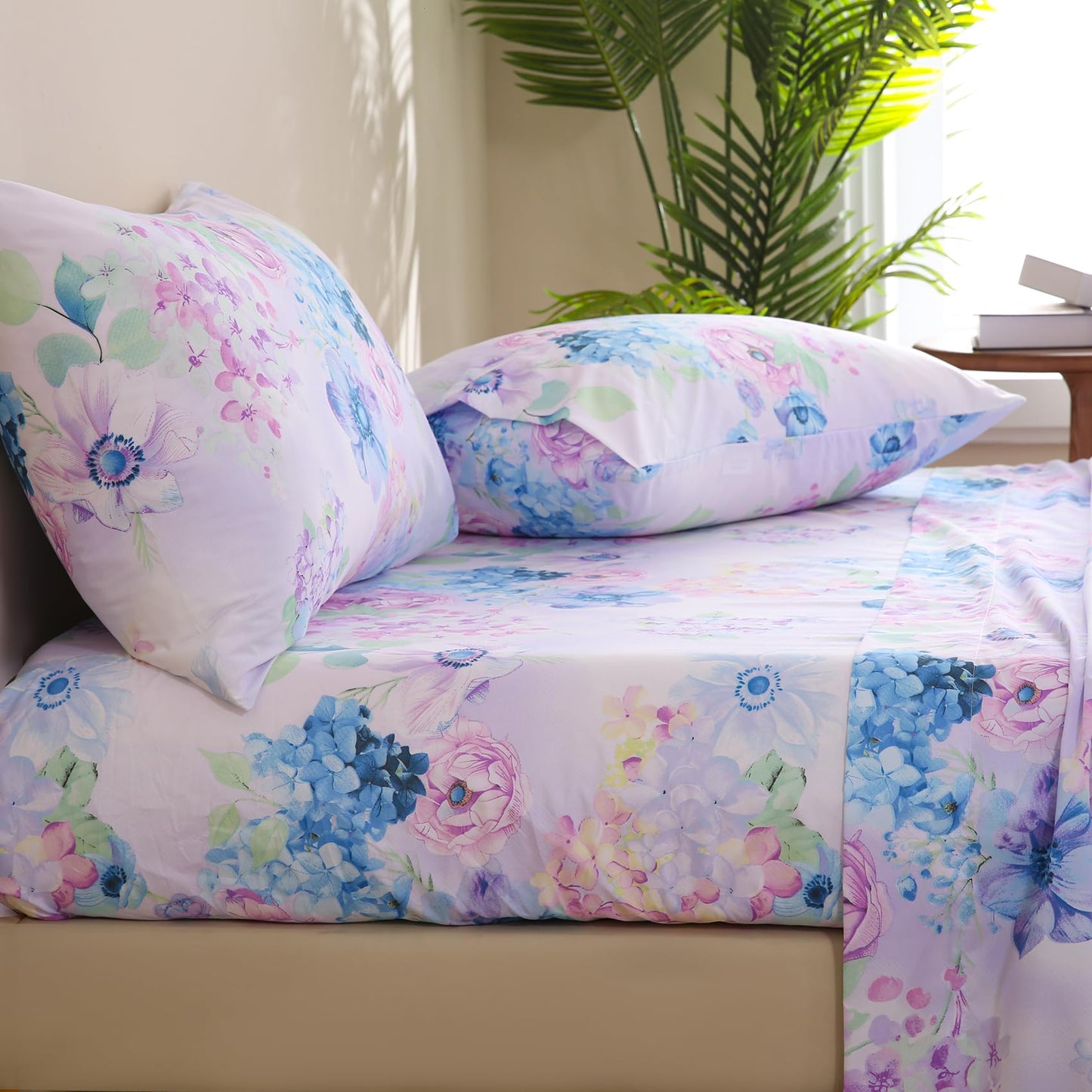 JSD Purple Hydrangea Floral Sheet Set Full Size, 4 Piece Soft Spring Printed Microfiber Bed Sheets Deep Pocket