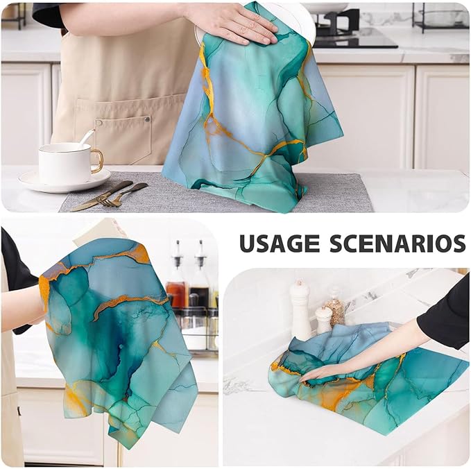 Teal Gold Kitchen Towel Set of 4 Soft Absorbent Marble Texture Turquoise