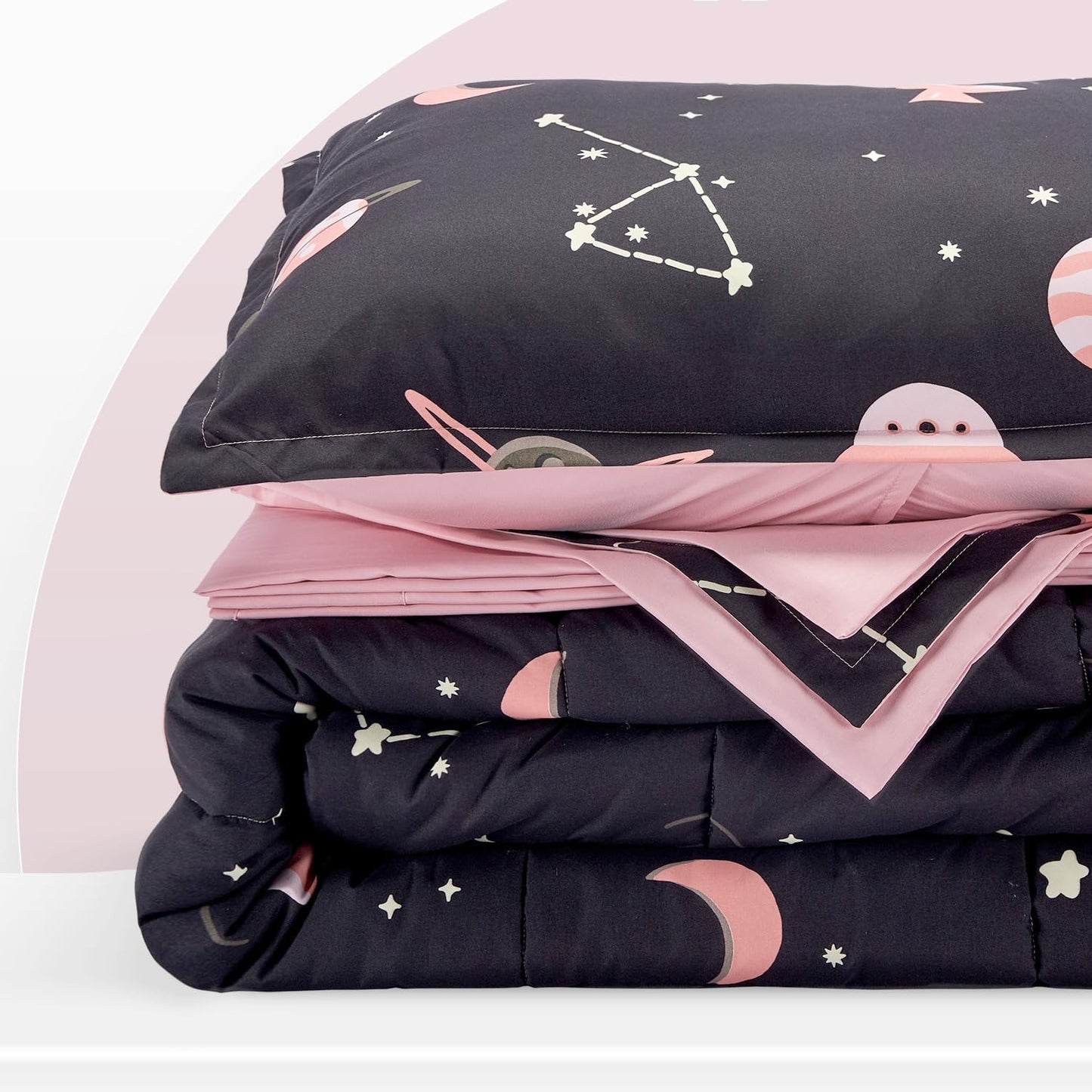 SLEEP ZONE Kids Twin Bedding Comforter Set - Super Cute & Soft Kids Bedding Bed in a Bag 5 Pieces Set with Comforter, Sheet, Pillowcase & Sham (Pink Galaxy)