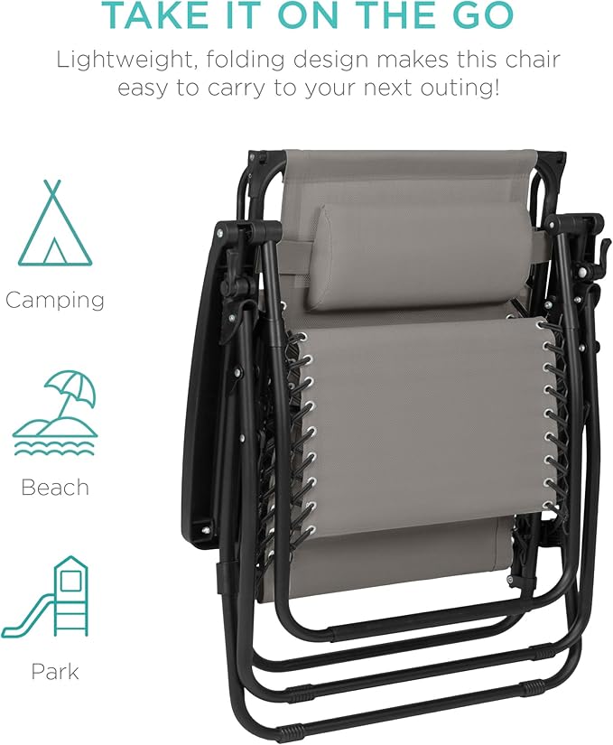 Best Choice Products 30” Wide Folding Zero Gravity Outdoor Recliner Patio Lounge Chair w/Adjustable Canopy Shade, Headrest, Side Accessory Tray - Ice Gray